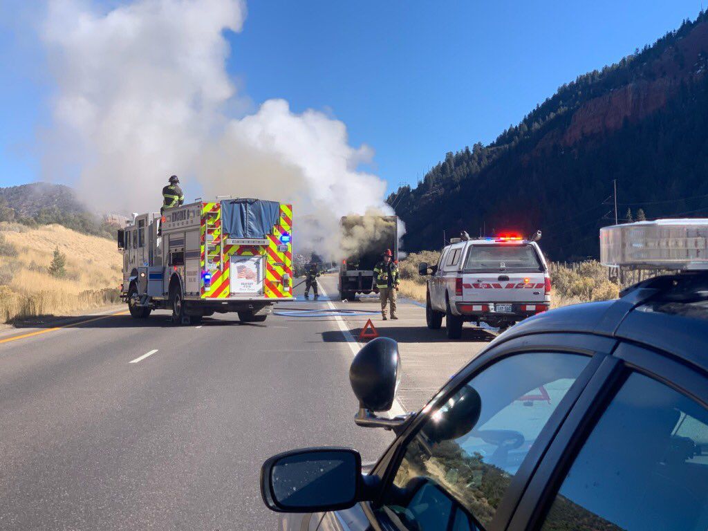 Burning vehicle closes lanes on I-70 in Colorado mountains