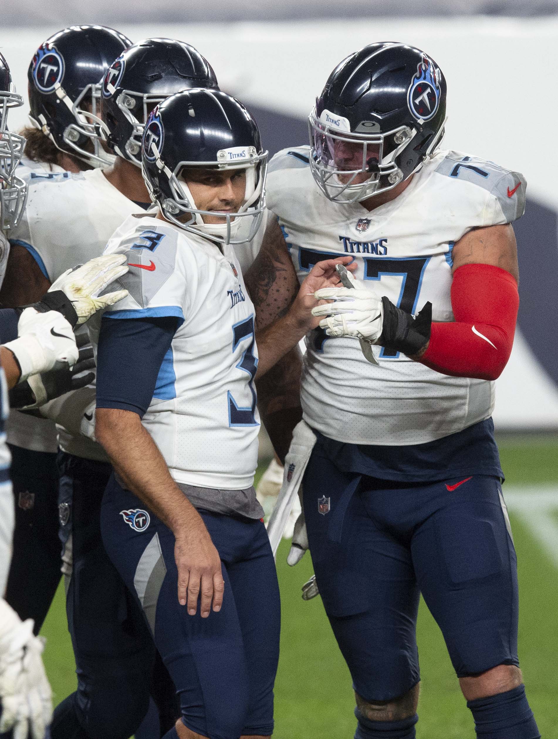 Tennessee Titans kicker Stephen Gostkowski (3) celebrates with his teammates after kicking the winning field goal in the fourth quarter Monday, Sept. 14, 2020, at Empower Field at Mile High in Denver.The Titans won 16-14. (The Gazette, Christian Murdock) (Christian Murdock/The Gazette)