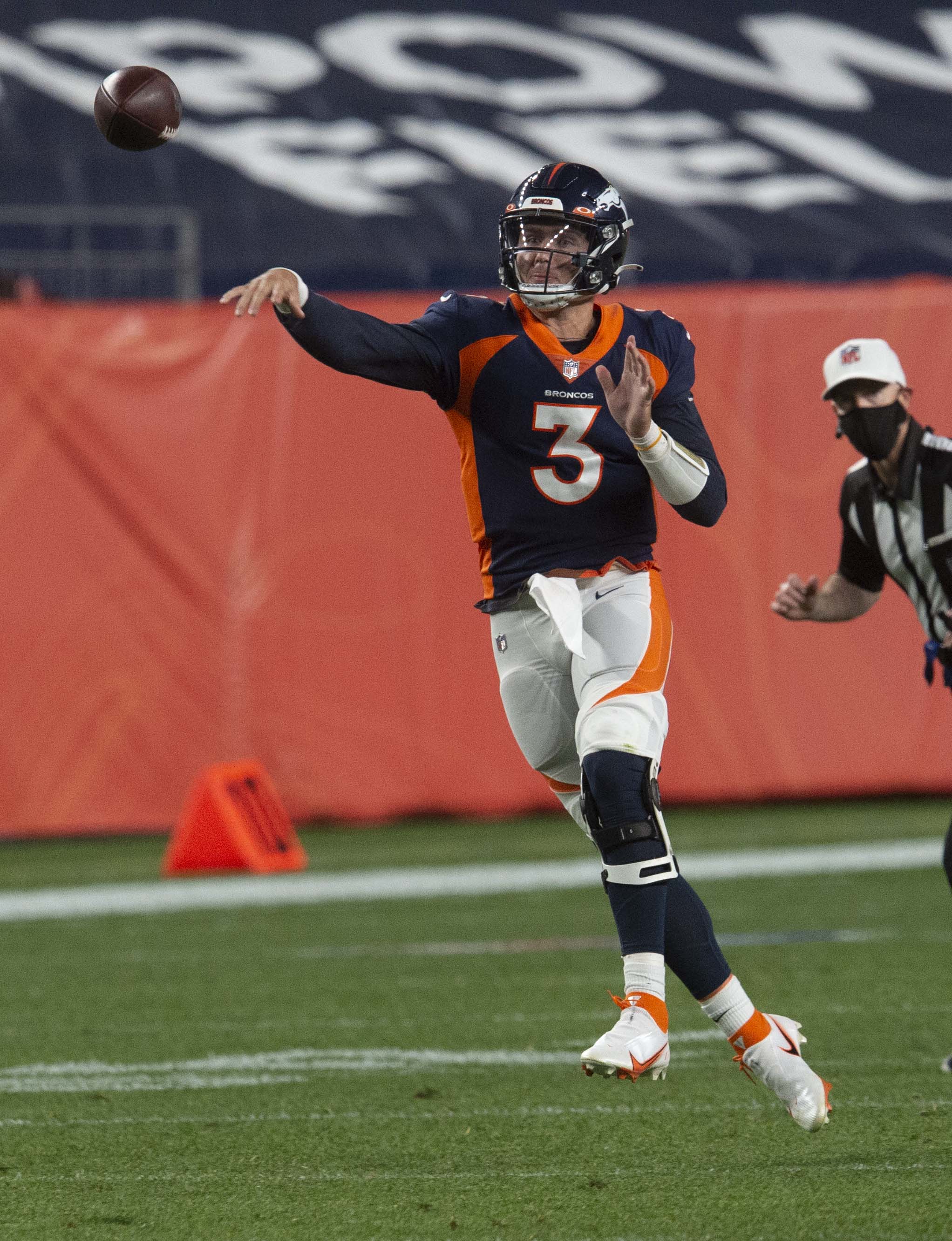 Denver Broncos quarterback Drew Lock (3) throws downfield against the Tennessee Titans defense during the first quarter Monday, Sept. 14, 2020, at Empower Field at Mile High in Denver. (The Gazette, Christian Murdock) (Christian Murdock/The Gazette)