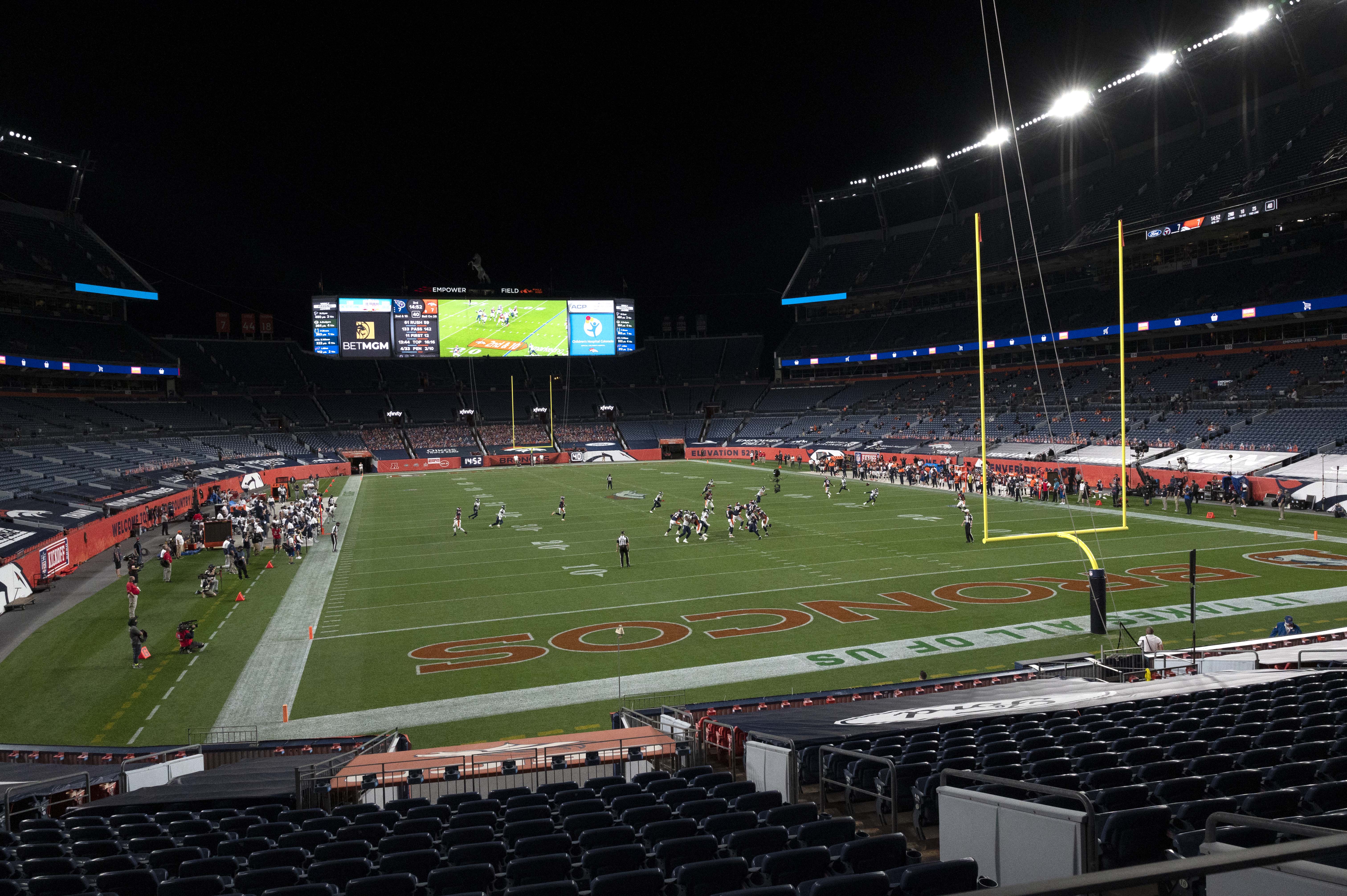 Broncos quarterback Drew Lock drops back to pass against the Tennessee Titan during the third quarter Monday, Sept. 14, 2020, in an empty Empower Field at Mile High in Denver.The Titans won 16-14. (The Gazette, Christian Murdock) (Christian Murdock/The Gazette)