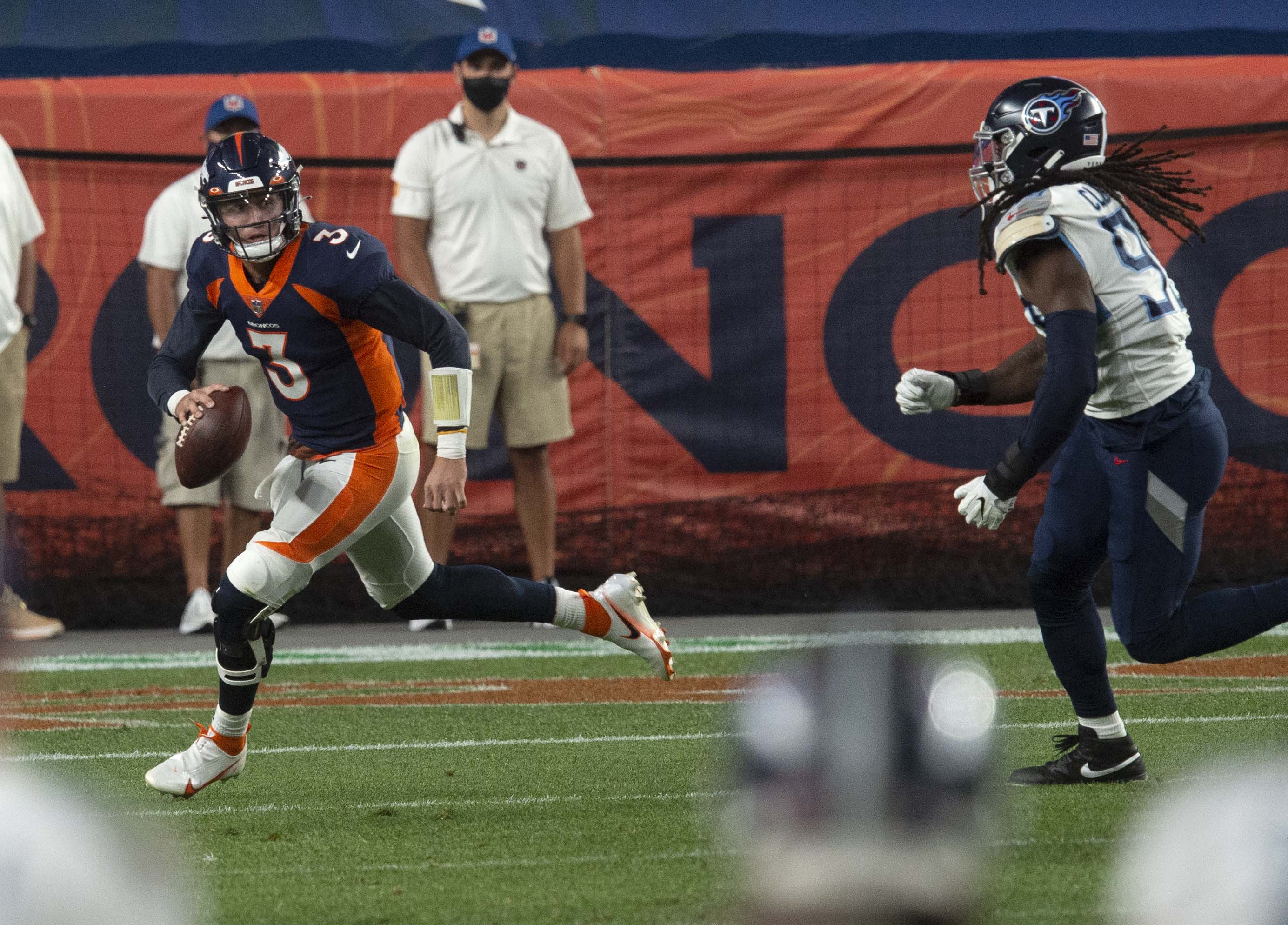 Denver Broncos quarterback Drew Lock (3) looks downfield for an open receiver against the Tennessee Titans during the second quarter Monday, Sept. 14, 2020, at Empower Field at Mile High in Denver. (The Gazette, Christian Murdock) (Christian Murdock/The Gazette)