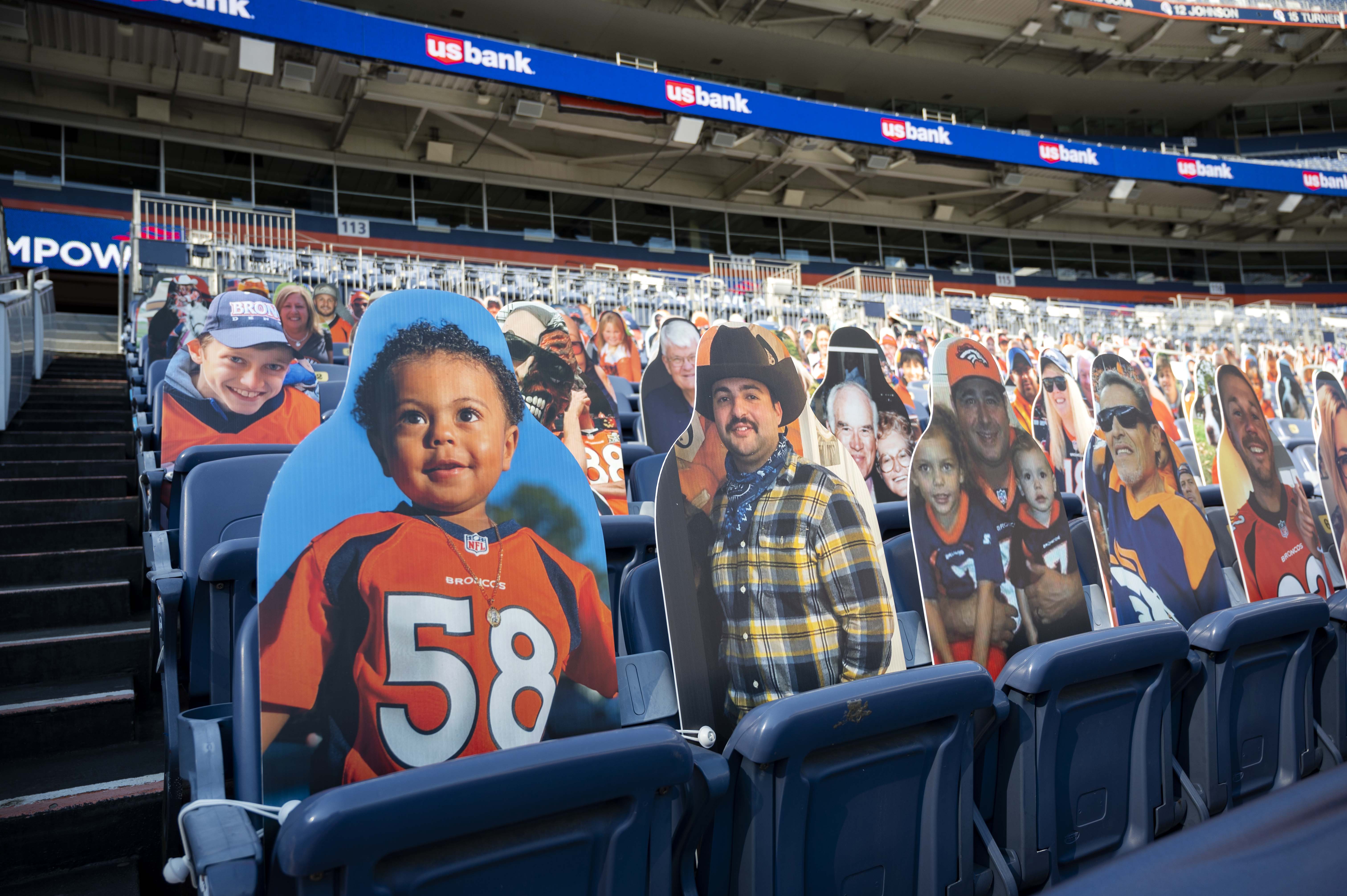 The cutout fans arrived early for the Broncos-Titans game Monday, Sept. 14, 2020, at Empower Field at Mile High in Denver. (The Gazette, Christian Murdock) (Christian Murdock/The Gazette)