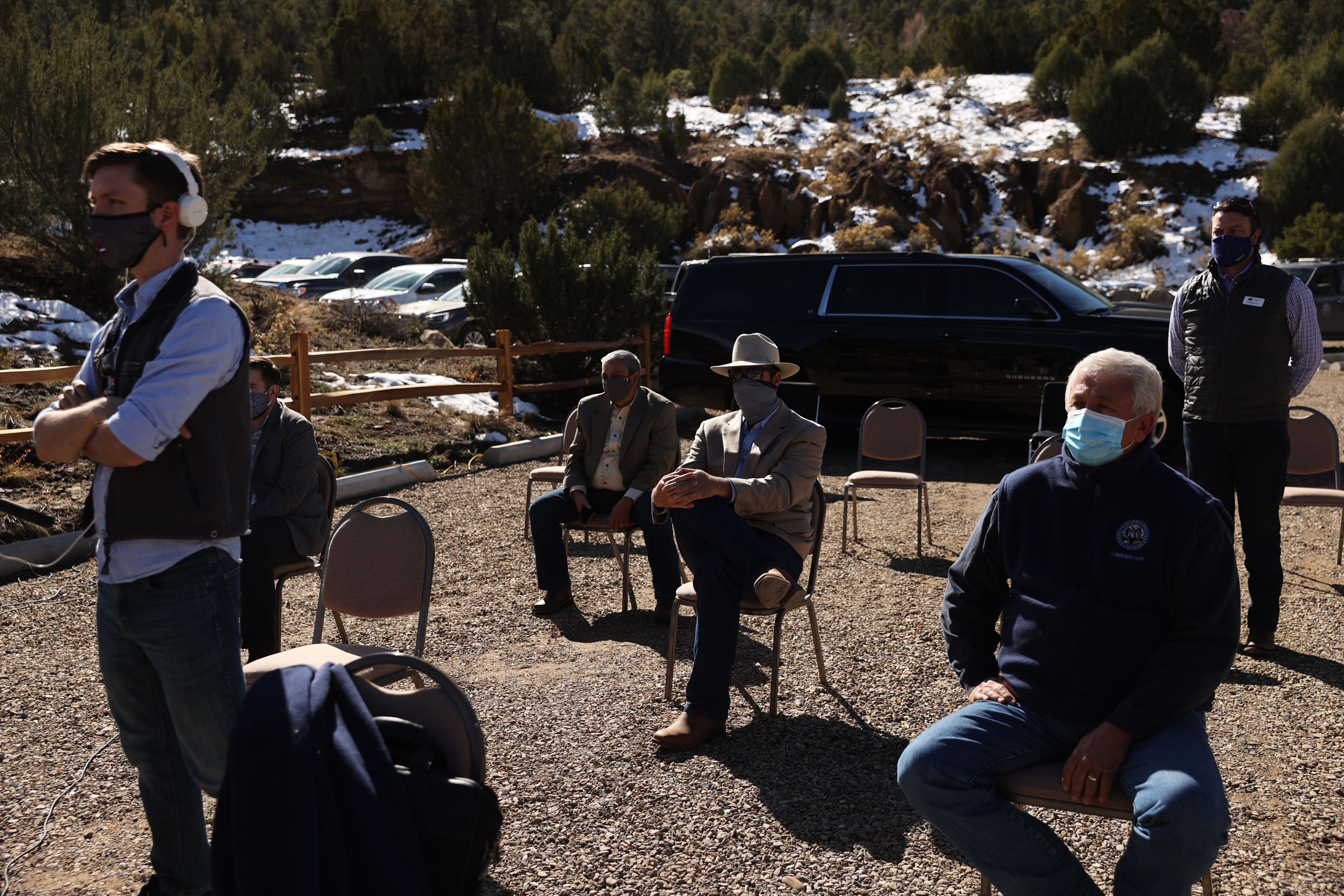 Duke Phillips, center, a commissioner with Colorado Parks and Wildlife, listens to the opening remarks at the grand opening of Fishers Peak State Park near Trinidad, Colorado on Oct. 30, 2020. Fishers Peak is the 42nd state park in Colorado, and is also one of the largest at over 19,000 acres in size. (Forrest Czarnecki/The Gazette) (Forrest Czarnecki)