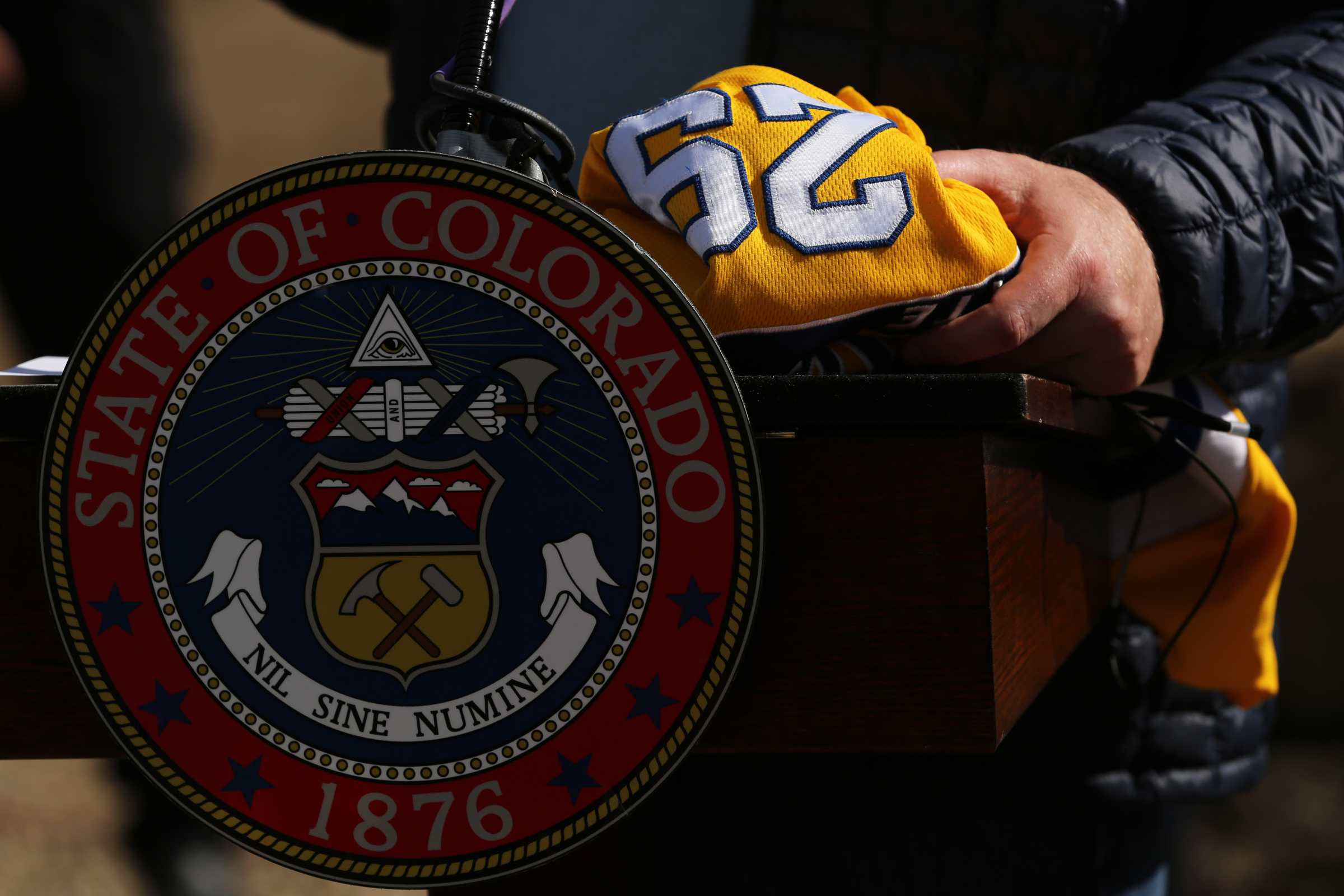 Colorado Governor Jared Polis holds and honorary baseball jersey from Trinidad Junior College at the grand opening of Fishers Peak State Park near Trinidad, Colorado on Oct. 30, 2020. Trinidad Junior College is going to be partnering with the state park to offer courses in trail maintenance and management. (Forrest Czarnecki/The Gazette) (Forrest Czarnecki)