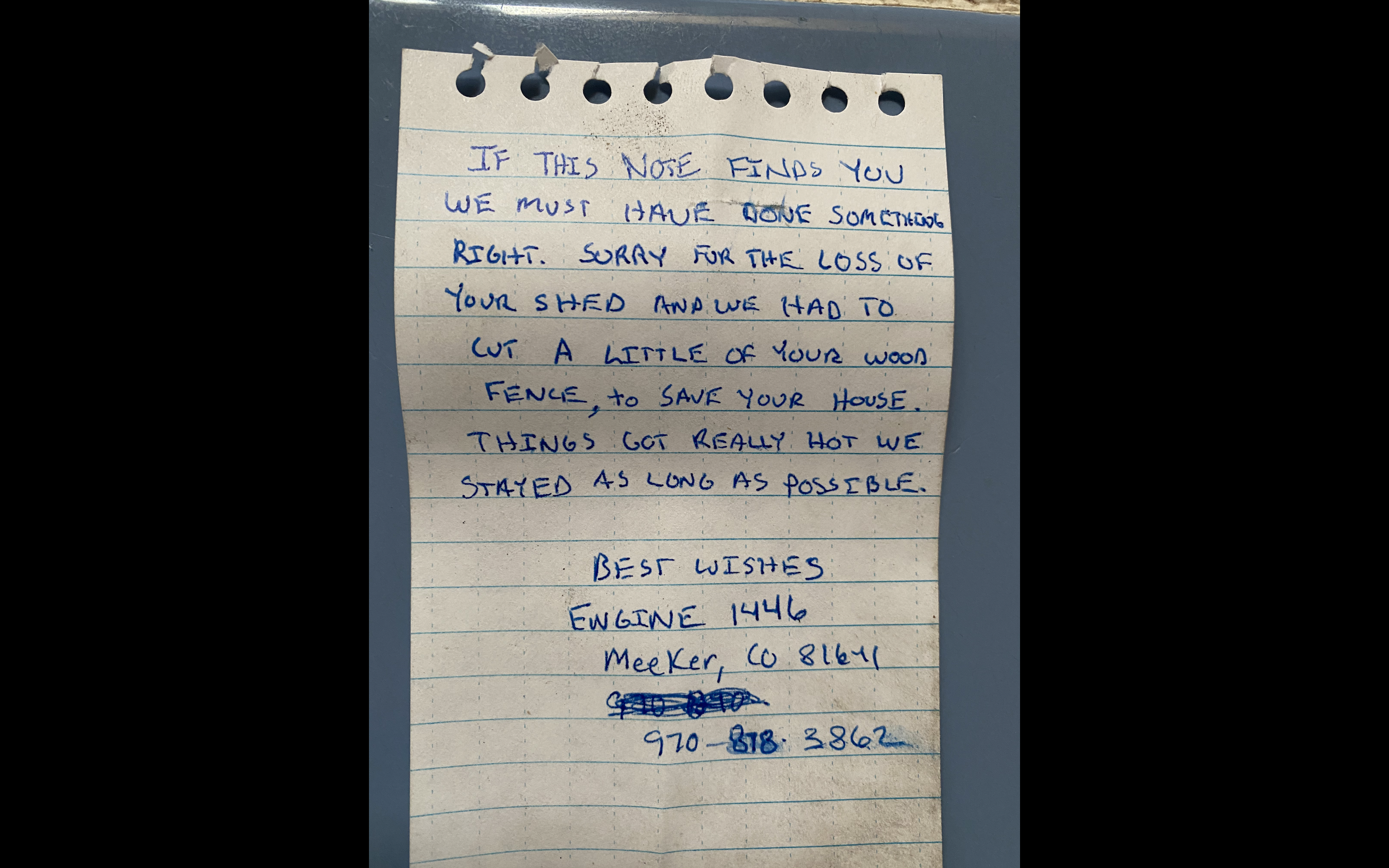 Firefighters leave letter for owner after saving cabin from East Troublesome fire