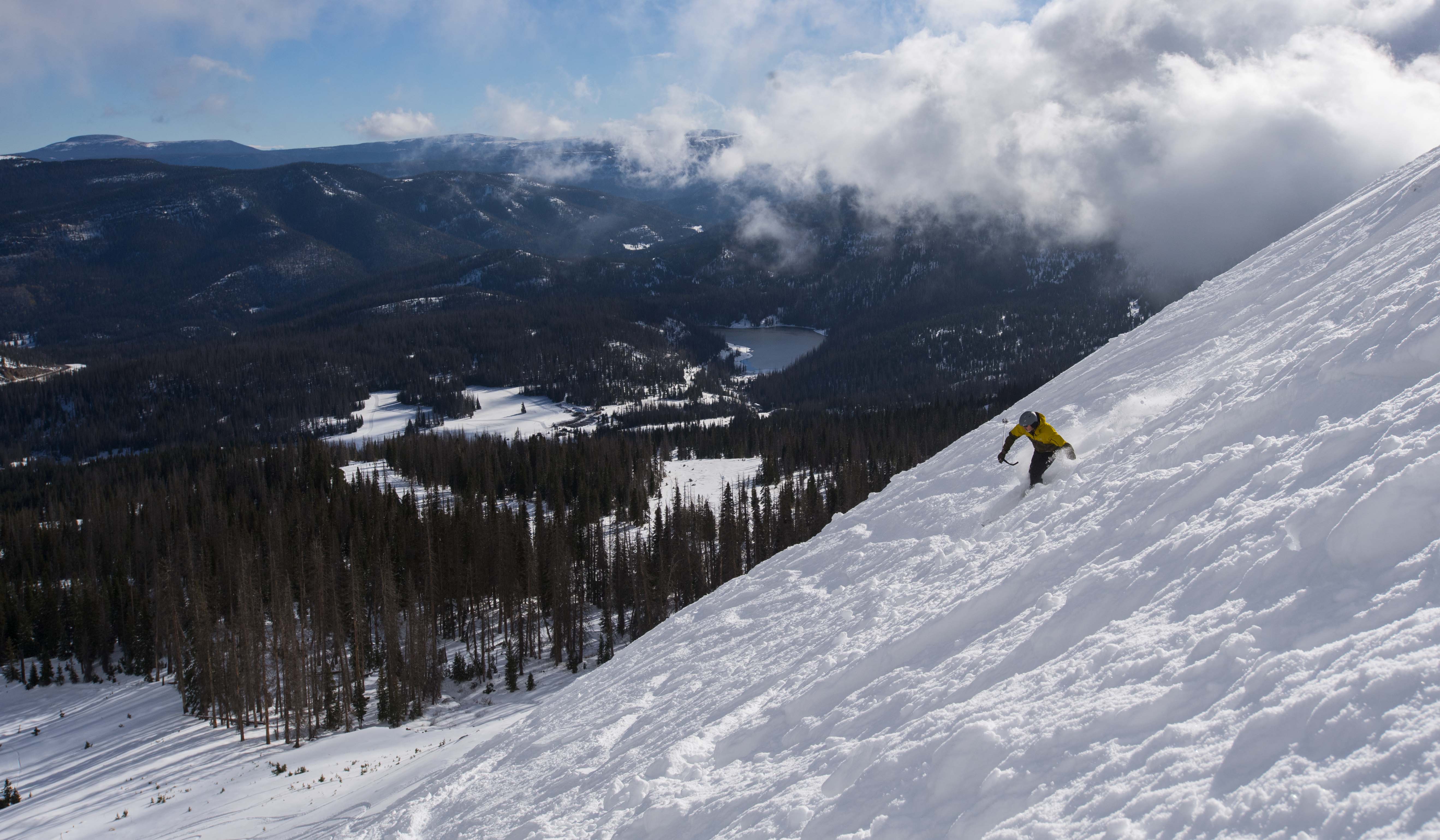 A skier rides the fresh snow on Alberta Face Saturday, Oct. 13, 2018, on the first day of skiing for the 2018-2019 ski season at Wolf Creek Ski Area and Colorado. Christian Murdock, The Gazette (CHRISTIAN MURDOCK THE GAZETTE)