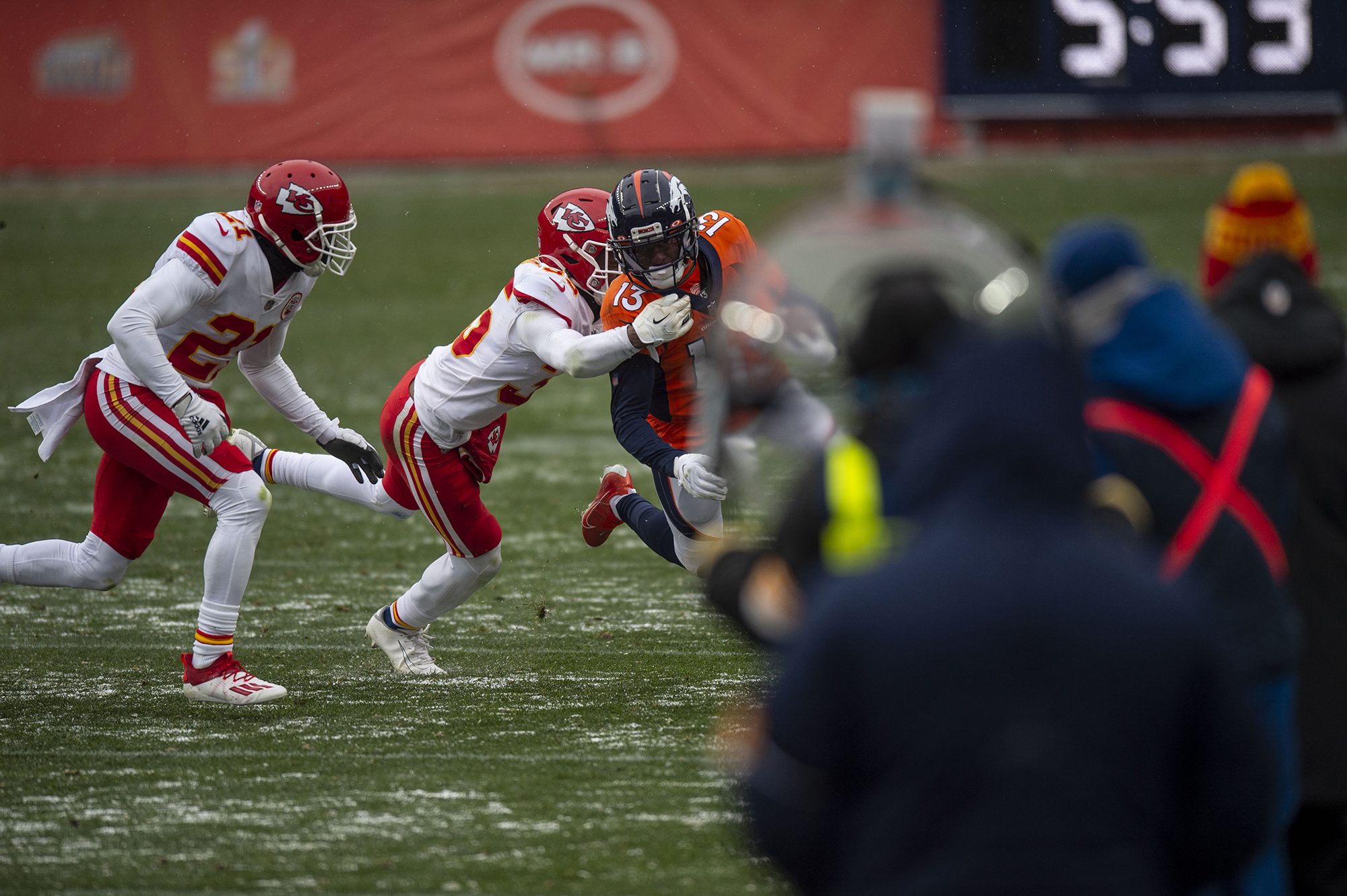 Denver Broncos wide receiver K.J. Hamler (13) carries the ball during the Denver Broncos home game against the Kansas City Chiefs at Empower Field at Mile High in Denver, Colo., on Sunday, Oct. 25, 2020. The Broncos lost to the Chiefs by a score of 43-16.(Chancey Bush/ The Gazette) (ChristianMurdock)