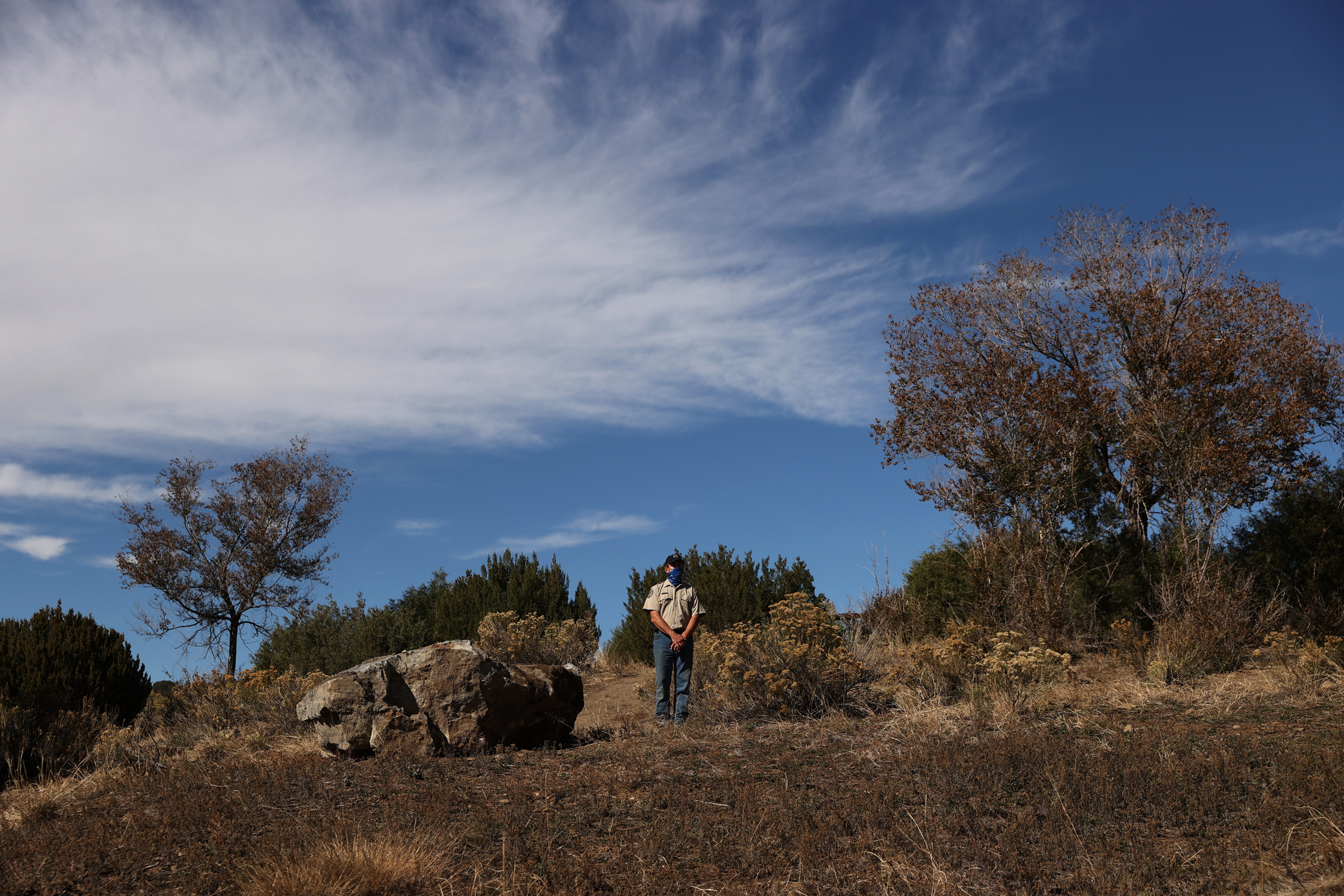Shaun Gordon, the project manager for the construction of Fishers Peak State Park, listens from atop a nearby hill at the grand opening of Fishers Peak State Park near Trinidad, Colorado on Oct. 30, 2020. The park is the 42nd state park in Colorado, and is also one of the largest at over 19,000 acres in size. (Forrest Czarnecki/The Gazette) (Forrest Czarnecki)