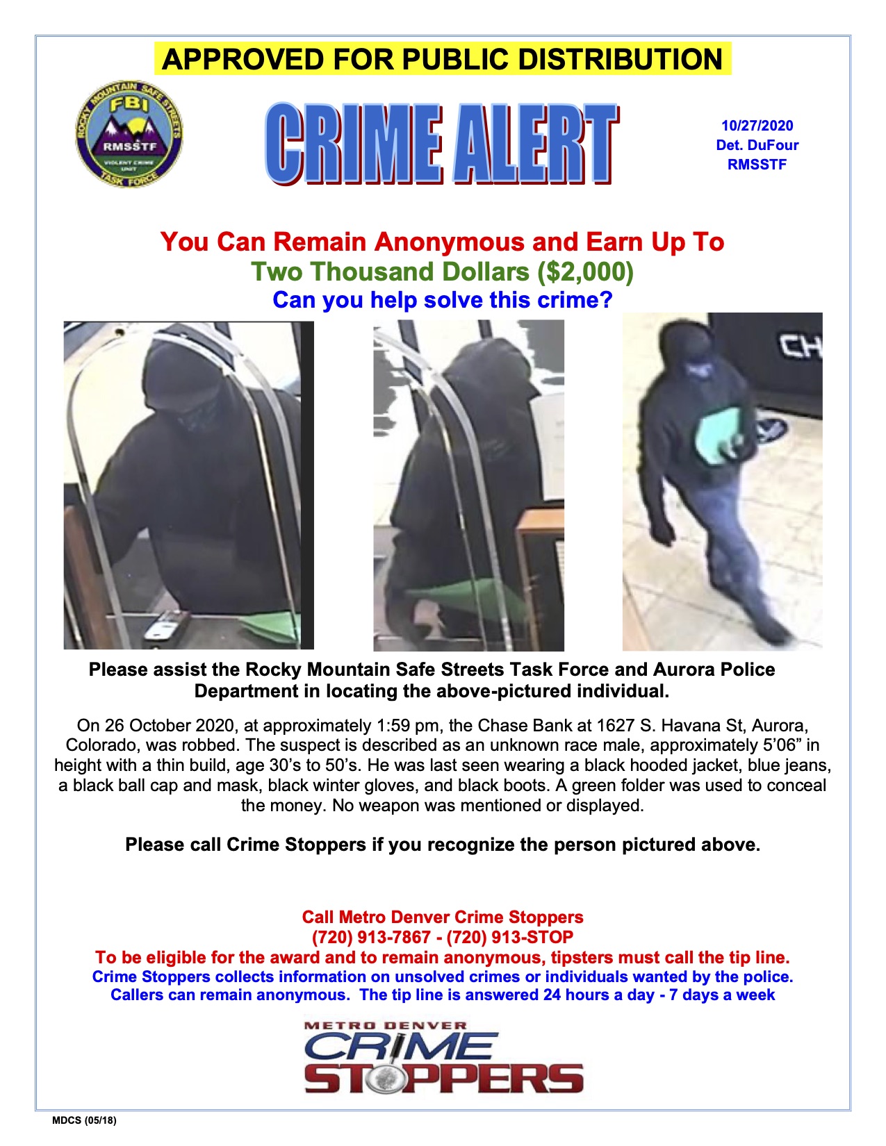 Authorities seeking info on man who robbed an Aurora bank