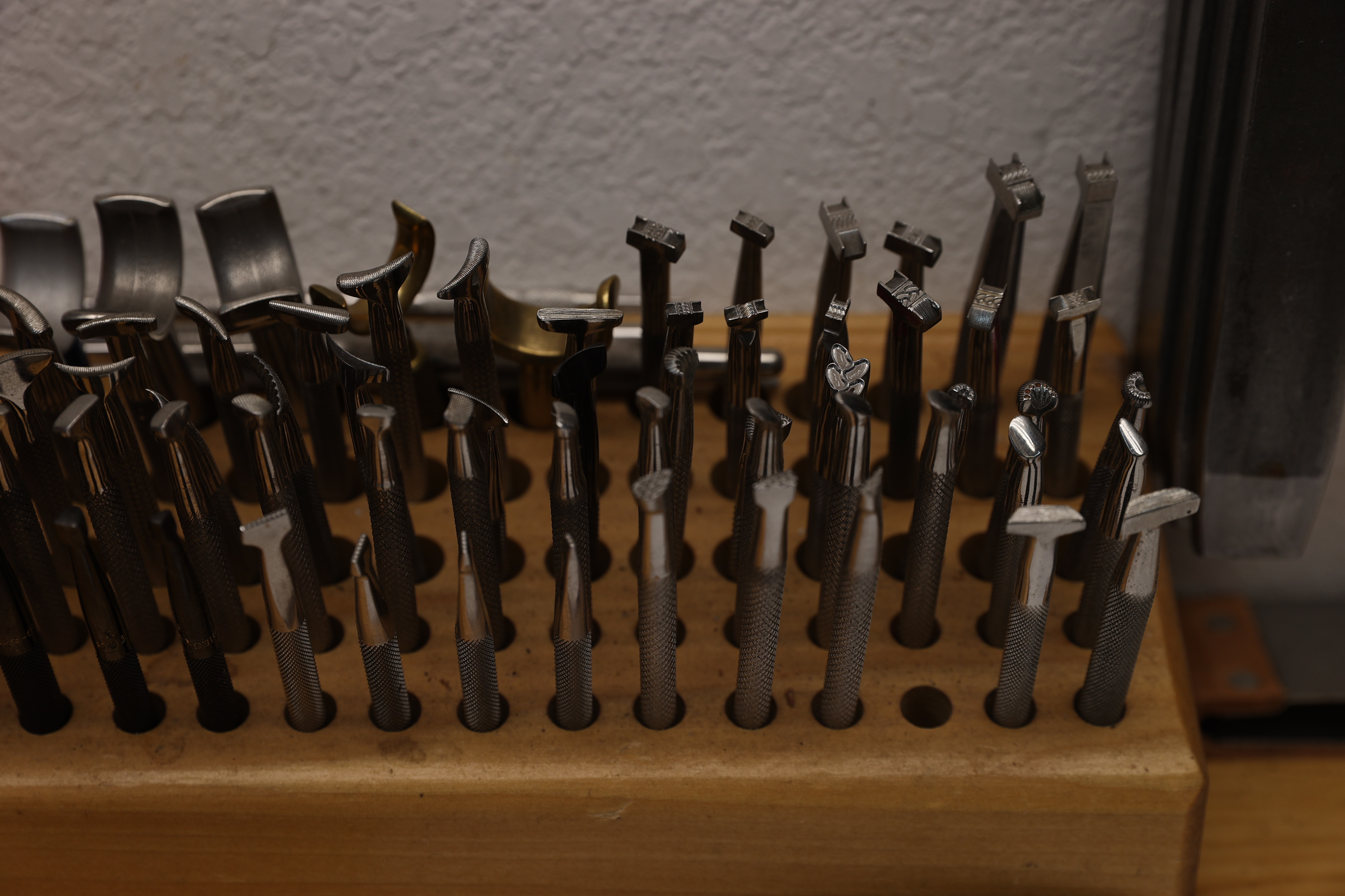 Leather stamping tools sit in a rack in Bob Brenner’s saddle shop in Black Forest on Sept. 1, 2020. Brenner uses the tools to carve or punch patterns like oak leaves, basket weave and flowers onto the saddles and tack that he makes. Brenner owns Pikes Peak Saddlery and has been restoring and making custom saddles since the 1970s. (Forrest Czarnecki/The Gazette) (Forrest Czarnecki)