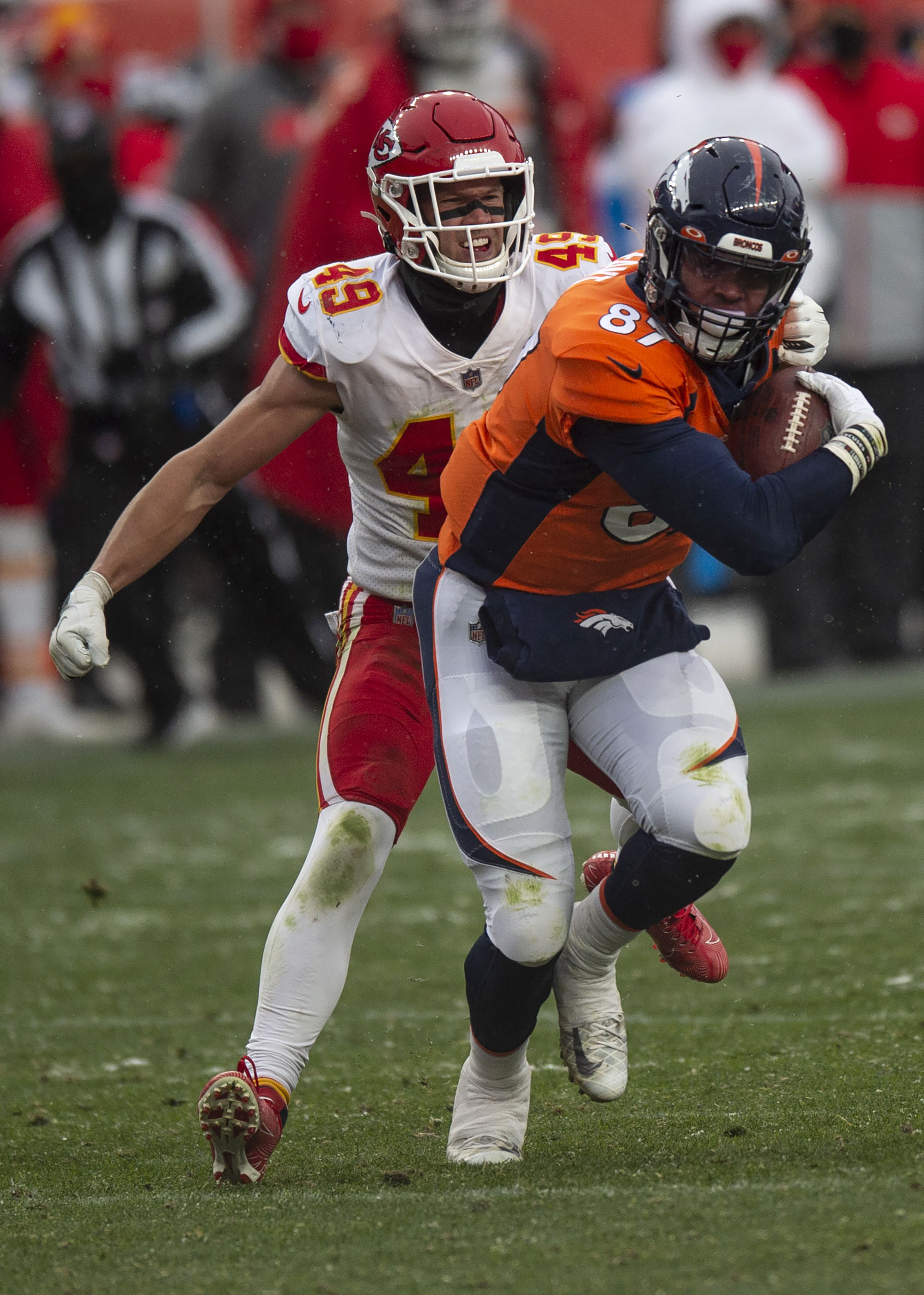 Kansas City Chiefs free safety Daniel Sorensen (49) closes in behind Denver Broncos tight end Noah Fant (87) after catching a pass during the Denver Broncos home game against the Kansas City Chiefs at Empower Field at Mile High in Denver, Colo., on Sunday, Oct. 25, 2020. The Broncos lost to the Chiefs by a score of 43-16.(Chancey Bush/ The Gazette) (ChristianMurdock)