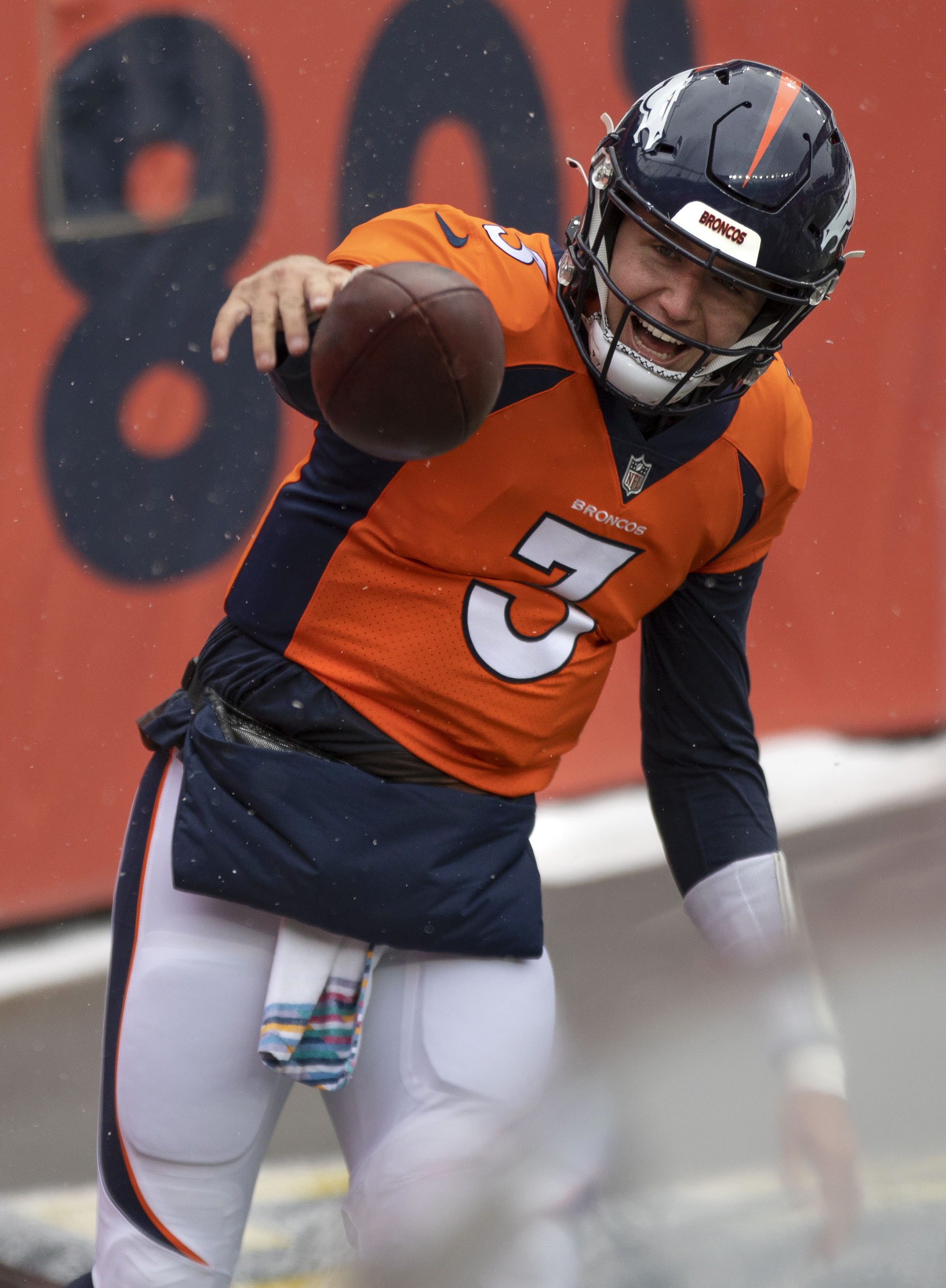 Denver Broncos quarterback Drew Lock (3) celebrates his touchdown during the Denver Broncos home game against the Kansas City Chiefs at Empower Field at Mile High in Denver, Colo., on Sunday, Oct. 25, 2020. The Broncos lost to the Chiefs by a score of 43-16.(Chancey Bush/ The Gazette) (Chancey Bush The Gazette)