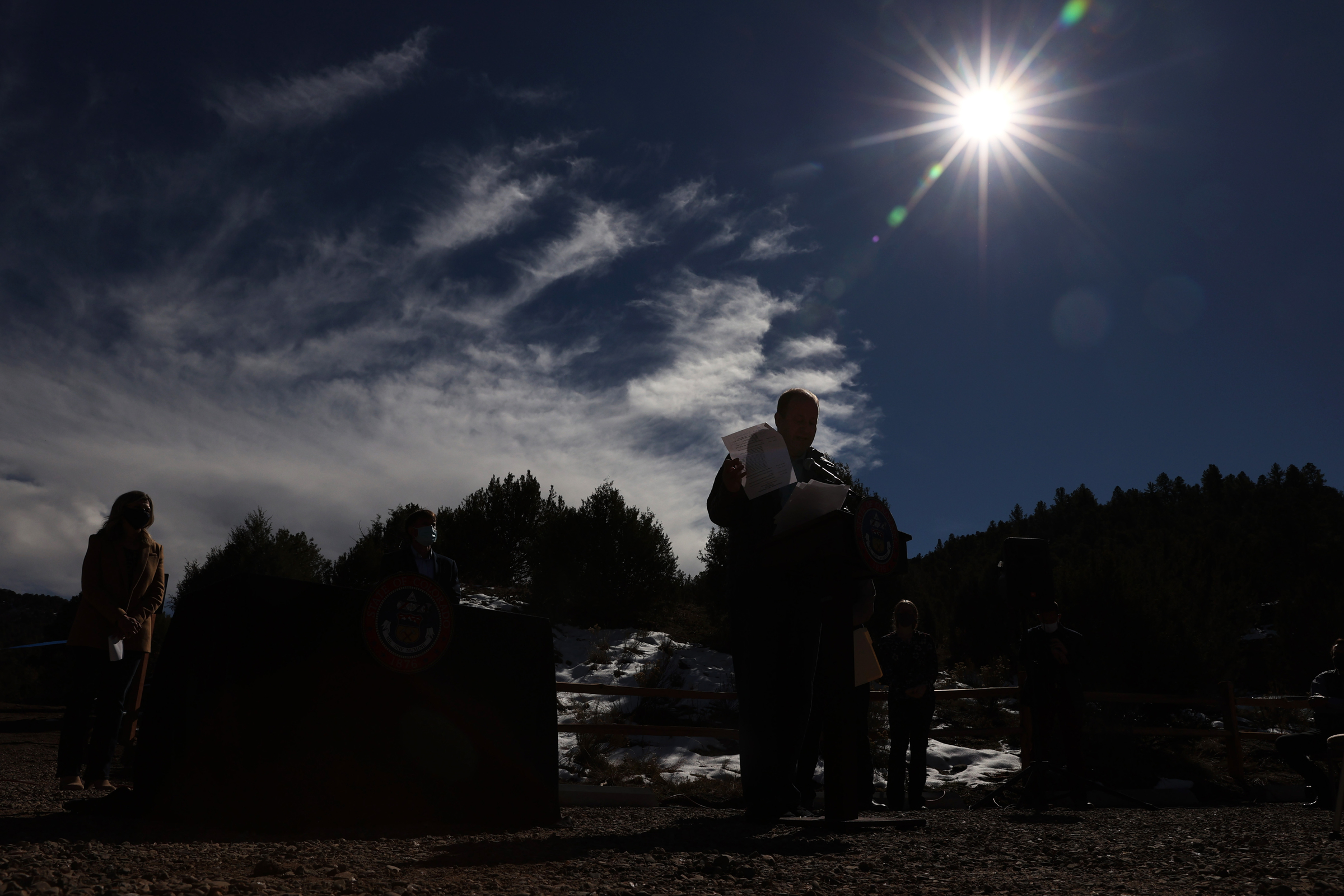 Colorado Governor Jared Polis gives a speech at the grand opening of Fishers Peak State Park near Trinidad, Colorado on Oct. 30, 2020. Fishers Peak is the 42nd state park in Colorado, and is also one of the largest at over 19,000 acres in size. (Forrest Czarnecki/The Gazette) (Forrest Czarnecki)