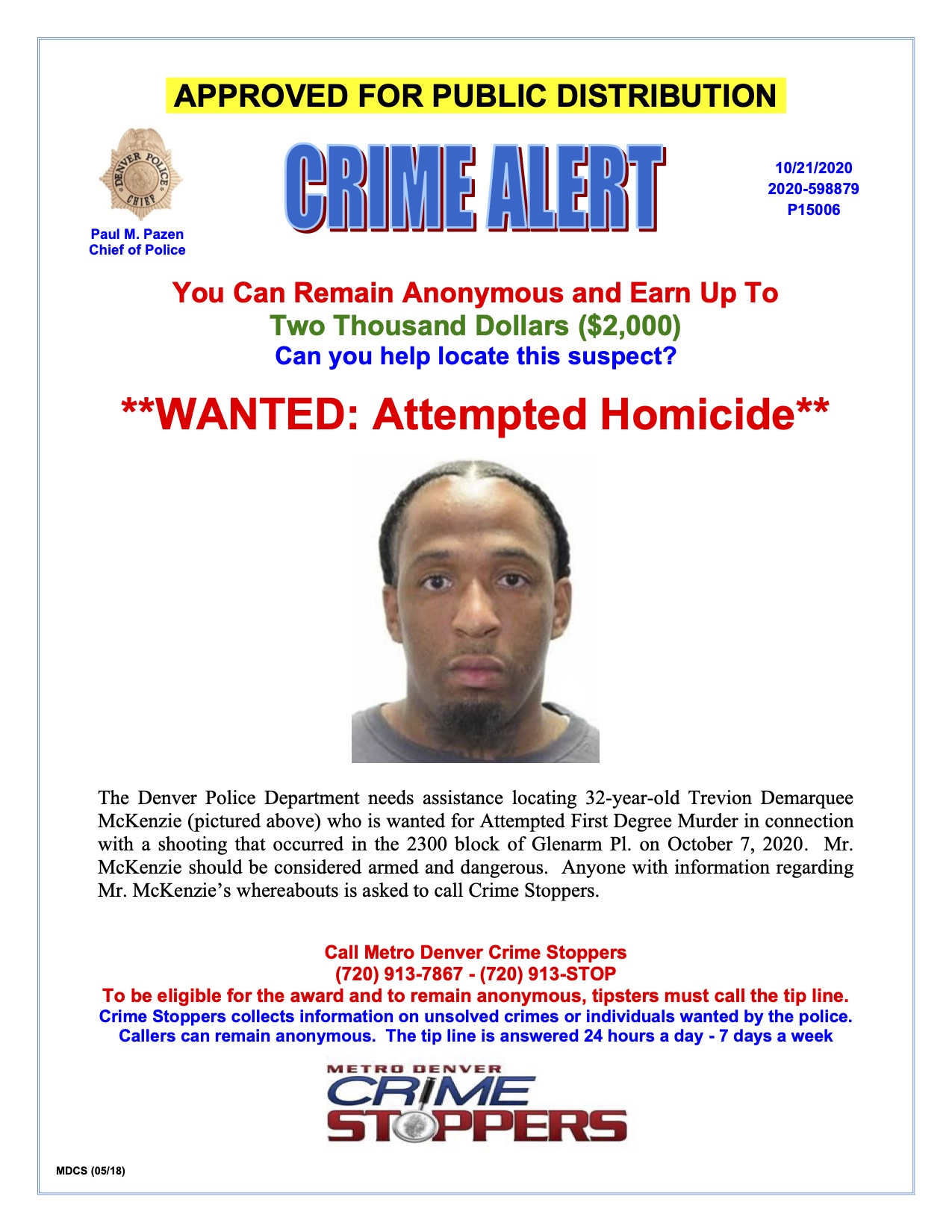 Trevion Demarquee McKenzie, 32. (Photo courtesy of the Denver Metro Crime Stoppers)