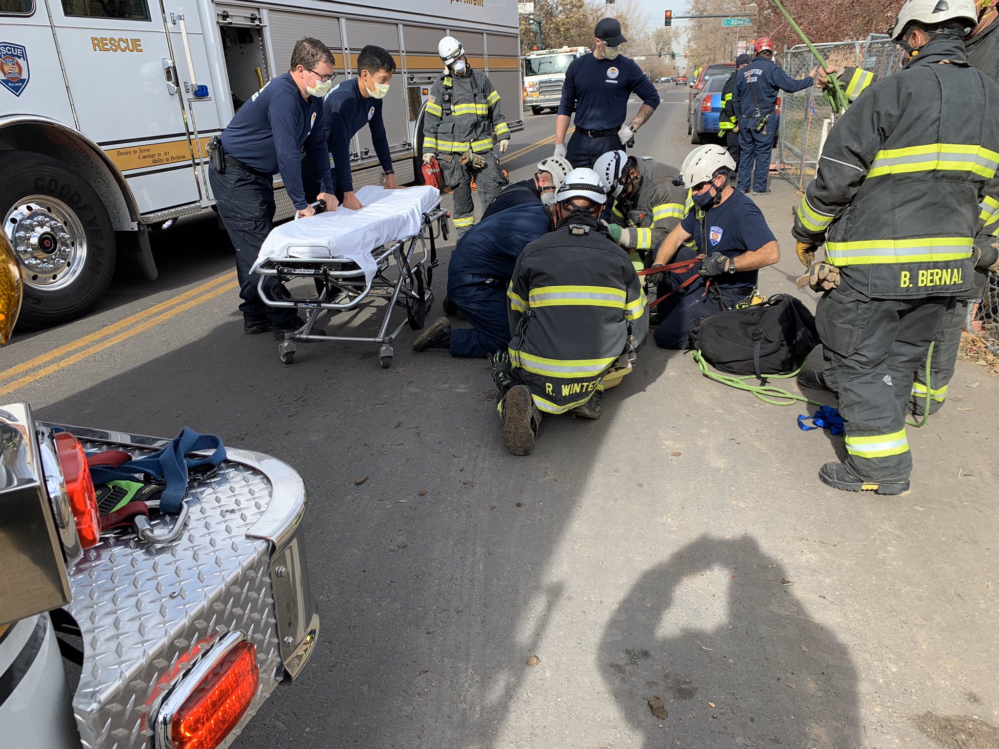 First responders are treating a man that fell into a 12-foot excavation site Friday morning. (Photo courtesy of the Denver Fire Department)