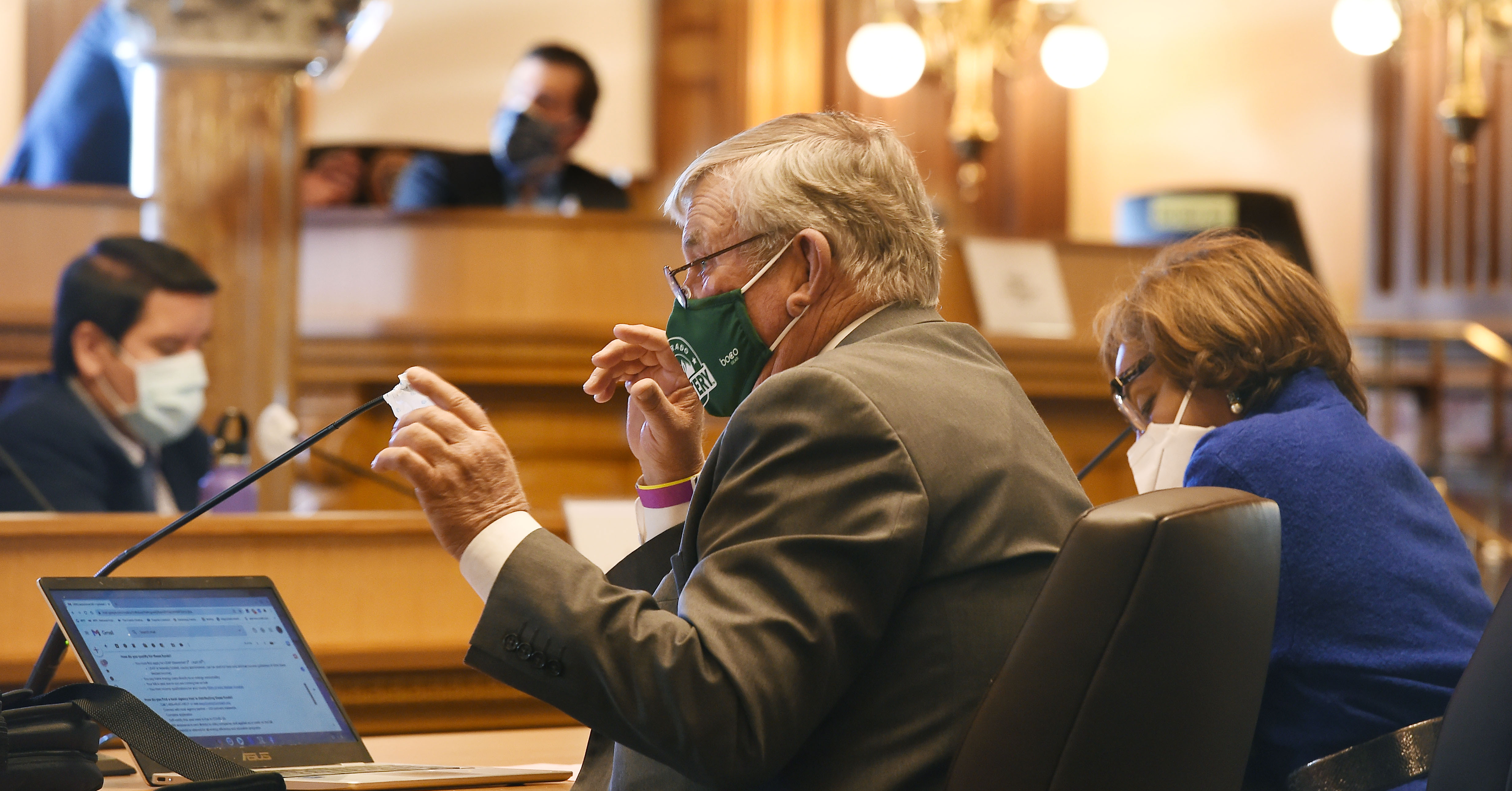 State Sen. Larry Crowder, Republican, and State Sen. Rhonda Fields (left to right) spoke during a senate finance committee meeting on Monday, Nov. 30, 2020. Colorado lawmakers returned to the Capitol on Monday for a special session to work on bills tied to COVID-19. (JERILEE BENNETT, The Gazette)