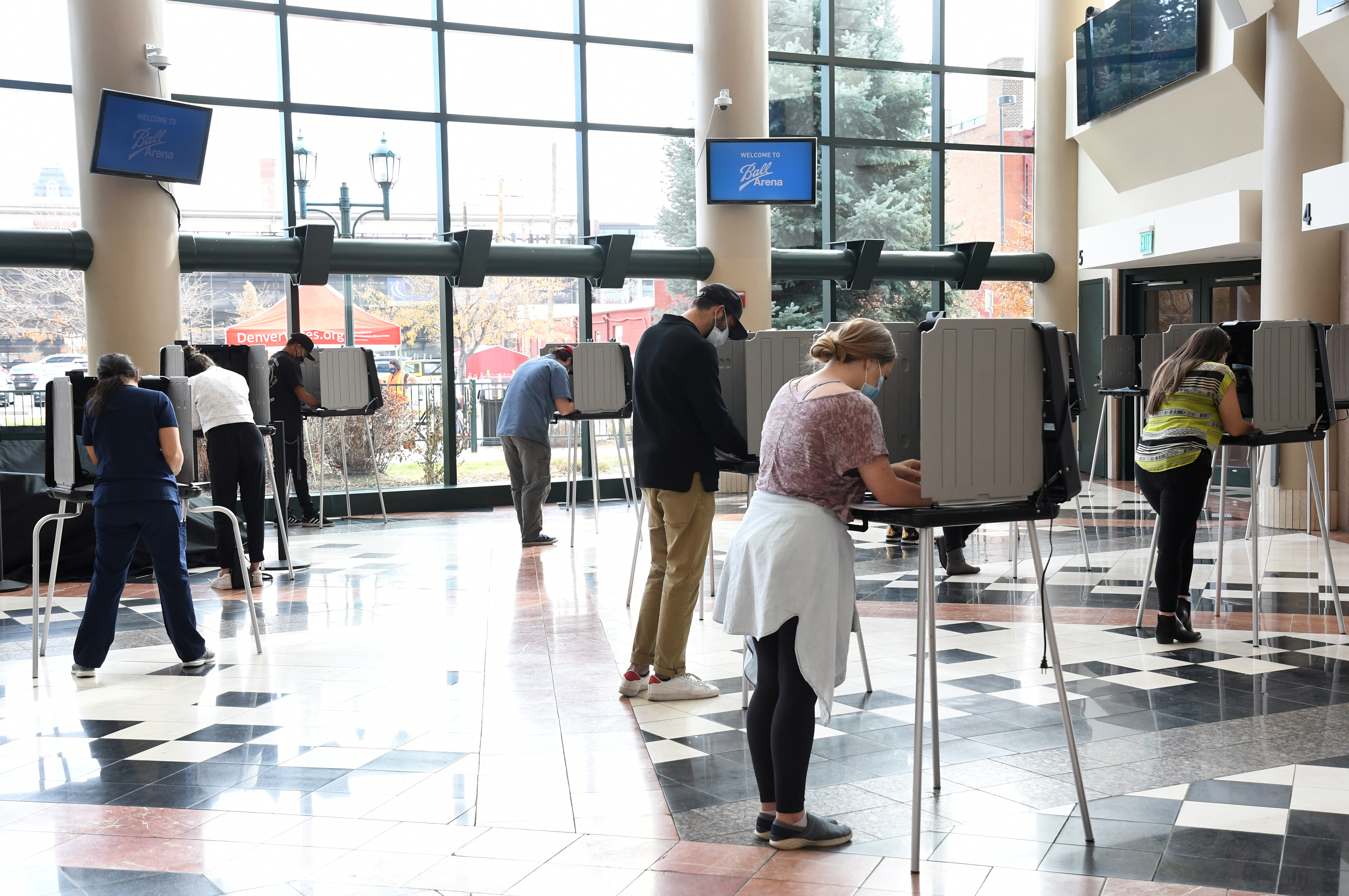 DENVER, CO - NOVEMBER 3: Voters fill out their ballots from voting booths inside the Ball Arena on Election Day, November 3, 2020 in Denver, Colorado. (Photo By Kathryn Scott) (Kathryn Scott)