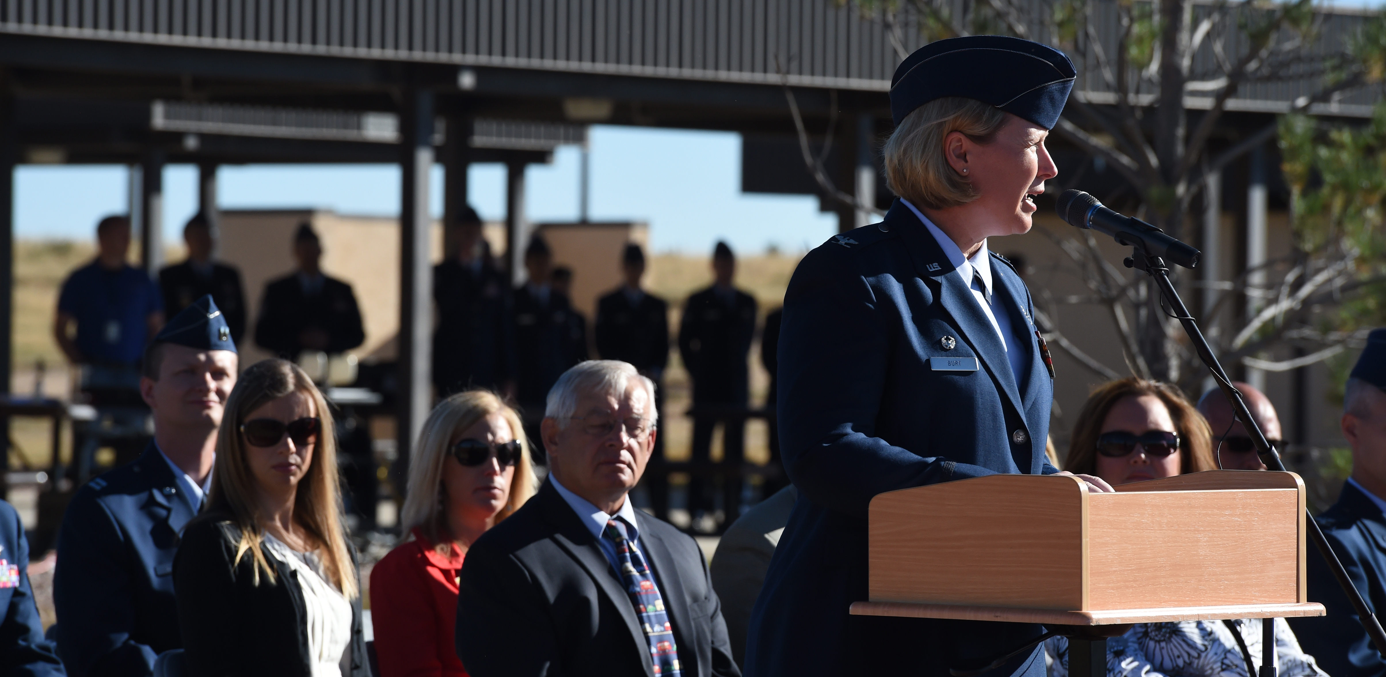 Col. DeAnna Burt, 50th Space Wing and installation commander, addresses the crowd during a ceremony at Schriever Air Force Base on Monday, Sept. 21, 2015. (Jerilee Bennett/The Gazette) (JERILEE BENNETT, THE GAZETTE)