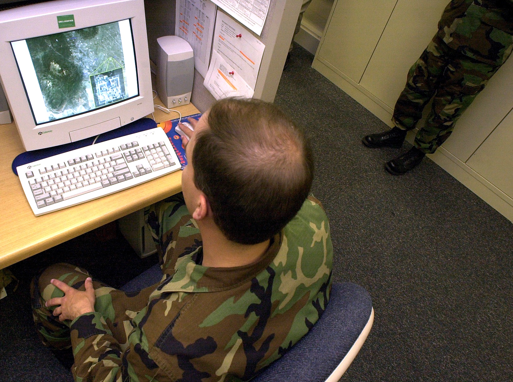 An example of how easy it is to obtain satellite images is shown on a computer at Schriever Air Force Base near Falcon on Monday, June 17, 2002 where the 527th Space Aggressor Squadron operates. The sqaudron searches the Internet for information that can be used to harm the United States espescially during a time when the war on terrorism is being fought. An image can reveal such vulnarabilities as how high a fence is or the location of an operations center. The Gazette, Bryan Oller (Bryan Oller)