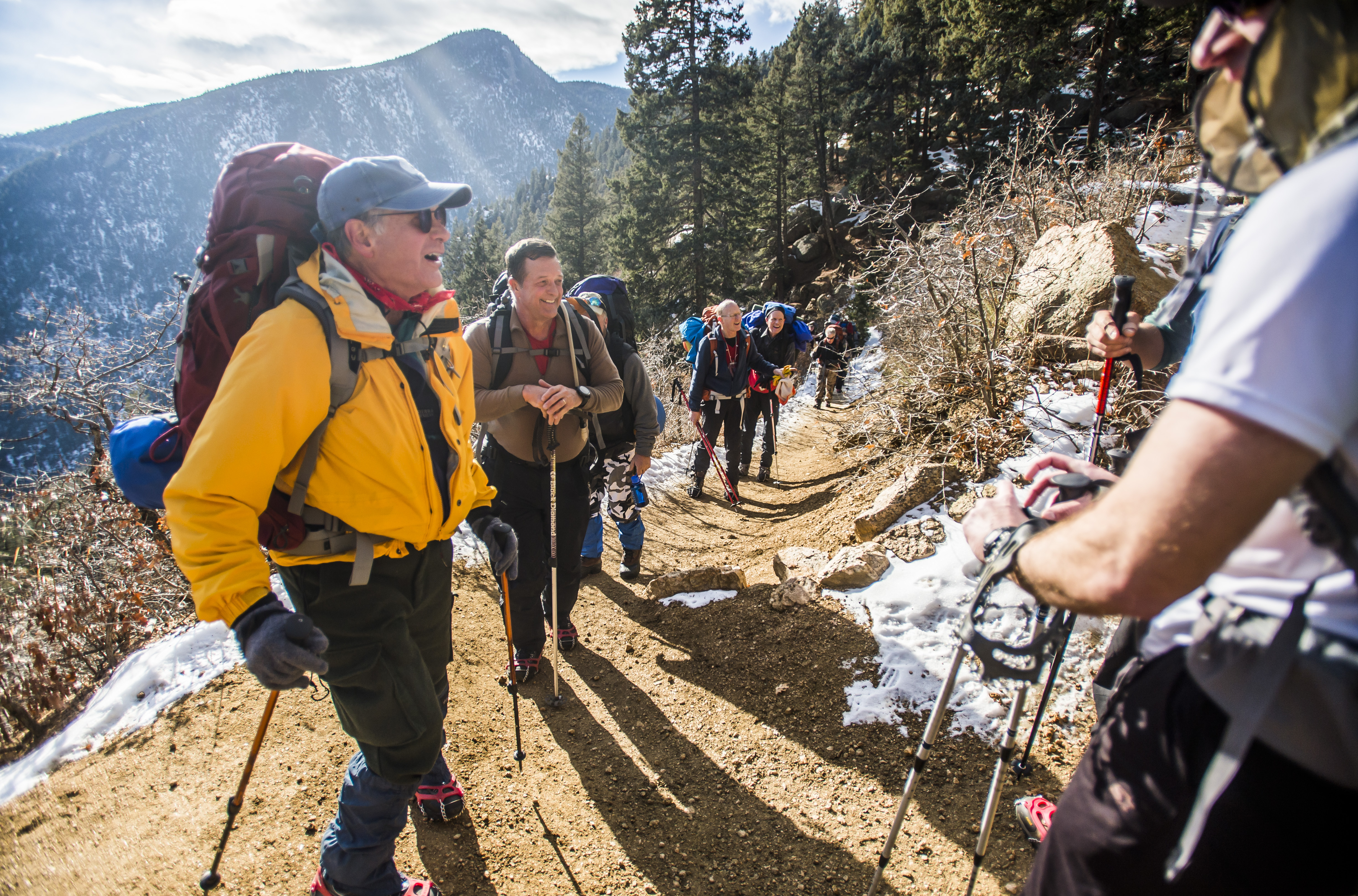 The AdAmAn Club hikers take a brief break during their trek up Barr Trail to the summit of Pikes Peak on Dec. 30, 2015. (The Gazette file)