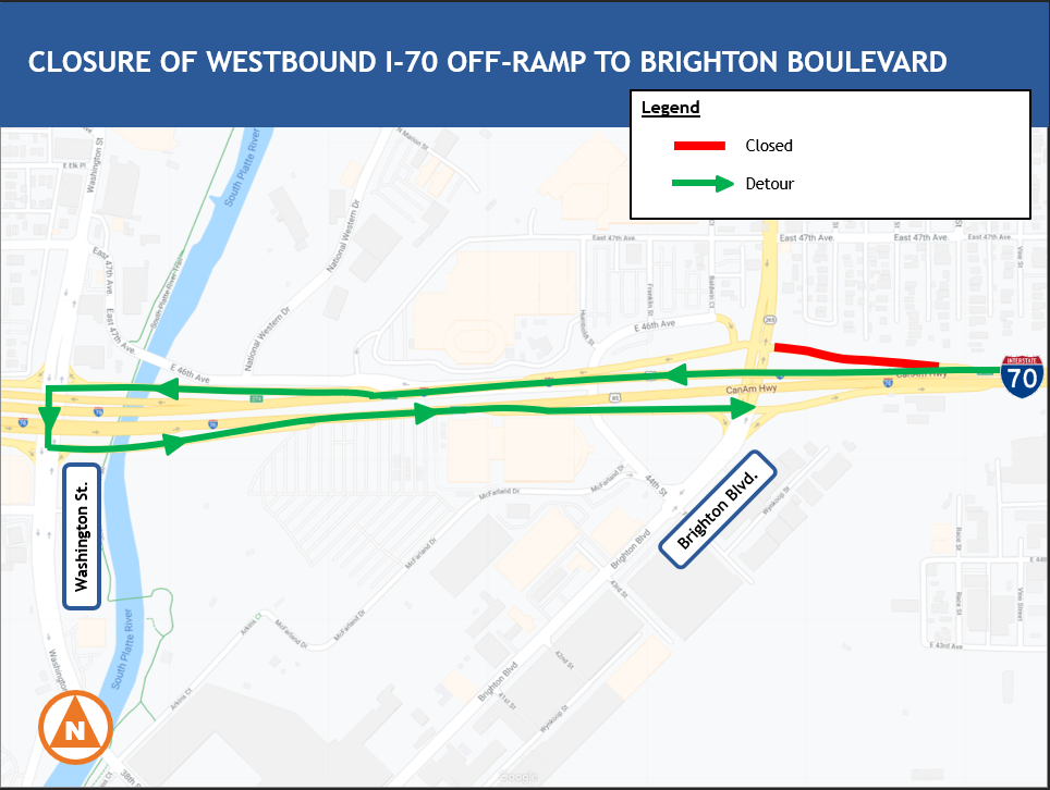 Detour map for westbound I-70 off-ramp to Brighton Boulevard