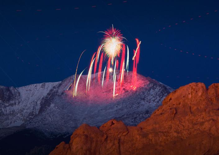 The AdAmAn Club set off fireworks from the summit of Pikes Peak to ring in the New Year Friday morning, January 1, 2016. This was a 13 minute exposure. Fireworks. Mark Reis.jpg