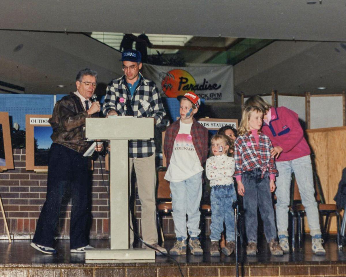 Fielder: John and family with Governor Roy Romer celebrating passage of Great Outdoors Colorado Trust Fund Initiative, 1992.jpg