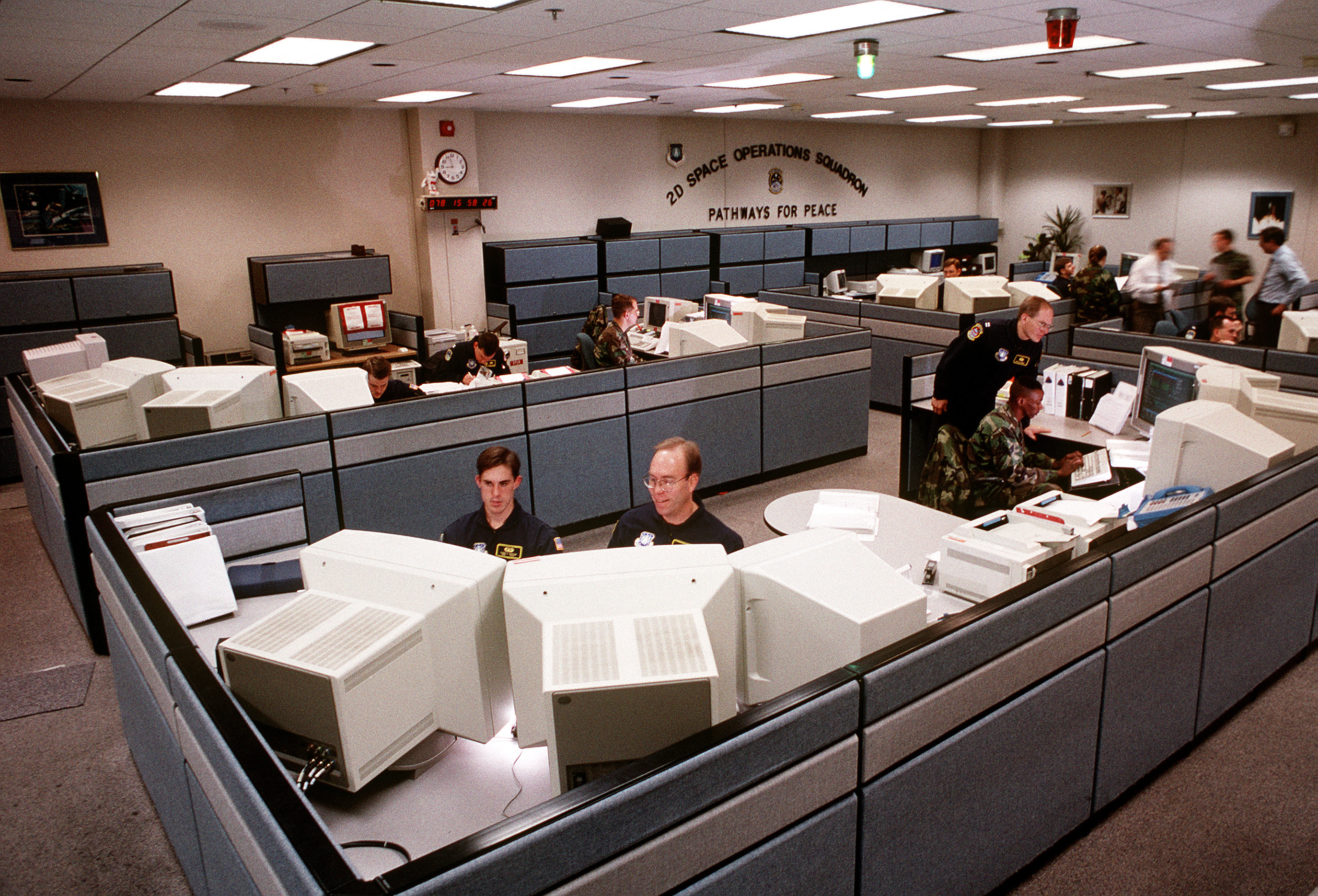 A view of the computerized situation room for the Global Positioning System shows where airmen spent 16-hour days to keep troops on course during the 1991 war. (Air Force Photo) (Tech Sgt. John K. McDowell)