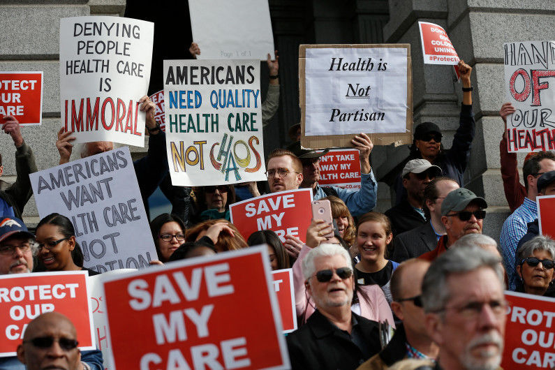 Supporters of the Affordable Care Act, who are also opponents of Colorado's GOP-led plan to undo Colorado's state-run insurance exchange, gather for a rally on the state Capitol steps in Denver, Tuesday, Jan. 31, 2017. The state GOP measure, a bill which would dismantle Connect For Health Colorado within a year, is an indication of how Republicans plan to chip away at Obamacare. If the federal health care law remains unchanged, it would force Coloradans shopping for private insurance to use the federal exchange. (AP Photo/Brennan Linsley) (Brennan Linsley)