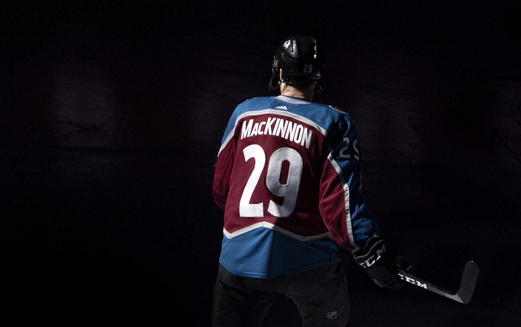 Avalanche center Nathan MacKinnon skates onto the ice during the introduction of players before the start of Game 4 against the Flames Wednesday, April 17, 2019, at the Pepsi Center in Denver, Colo. (Christian Murdock, The Gazette,)