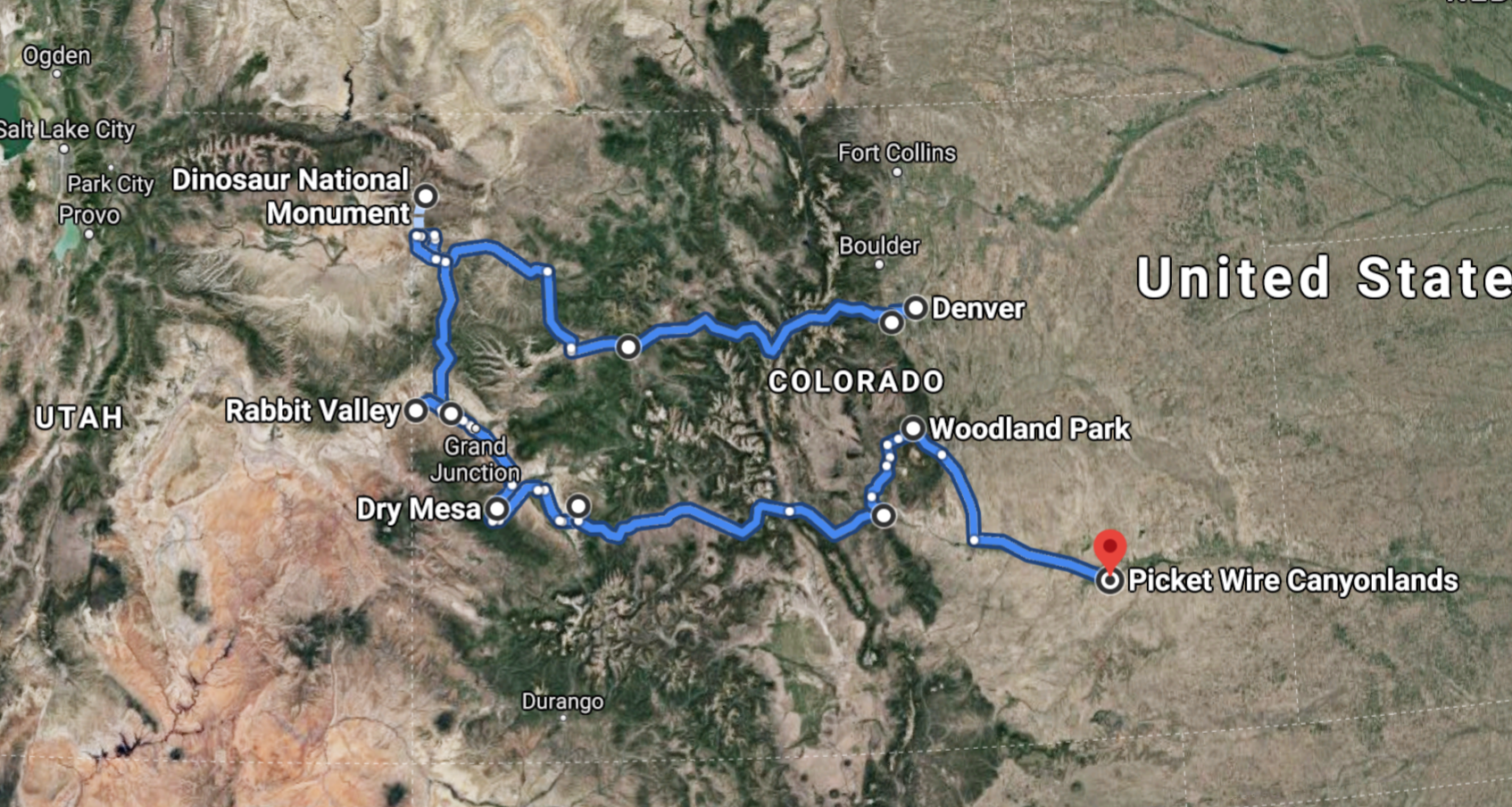Here's a look at the route this prehistoric-themed road trip takes through Colorado. This trip takes an estimated 18 hours and 34 minutes, traveling 928 miles.Map Credit: @2021 Google Maps.