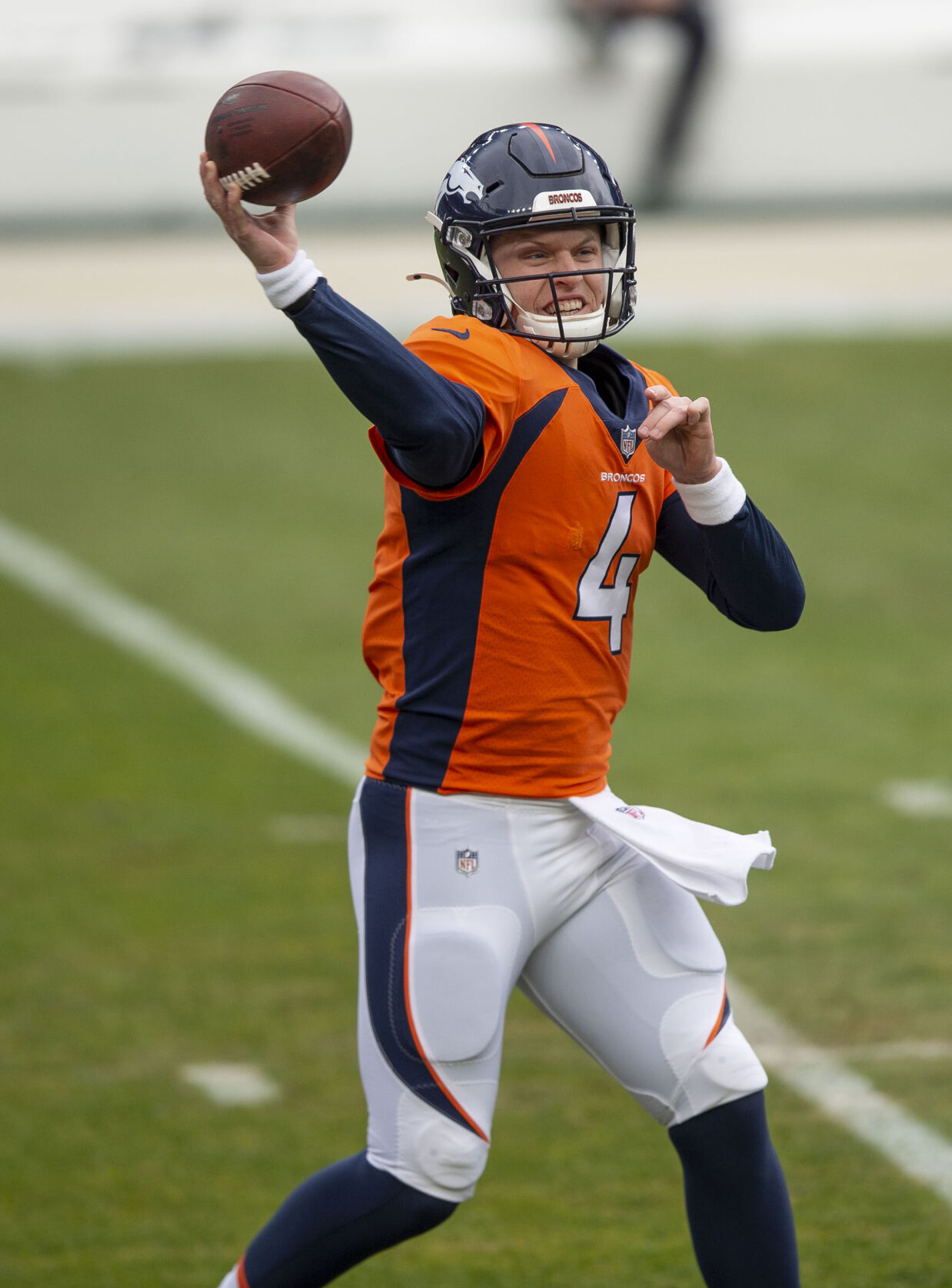 Denver Broncos quarterback Brett Rypien (4) warms up before the start of the Denver Broncos football game against the Las Vegas Raiders at Empower Field at Mile High in Denver, Colo., on Sunday, Jan. 3, 2021. (Chancey Bush/ The Gazette) (Chancey Bush/ The Gazette)