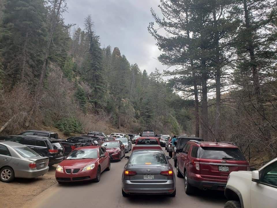 This picture was taken on a Saturday in April 2020, when cars were seen lining the road near the Mount Cutler trailhead in North Cheyenne Cañon Park in Colorado Springs. Courtesy photo (Courtesy photo)