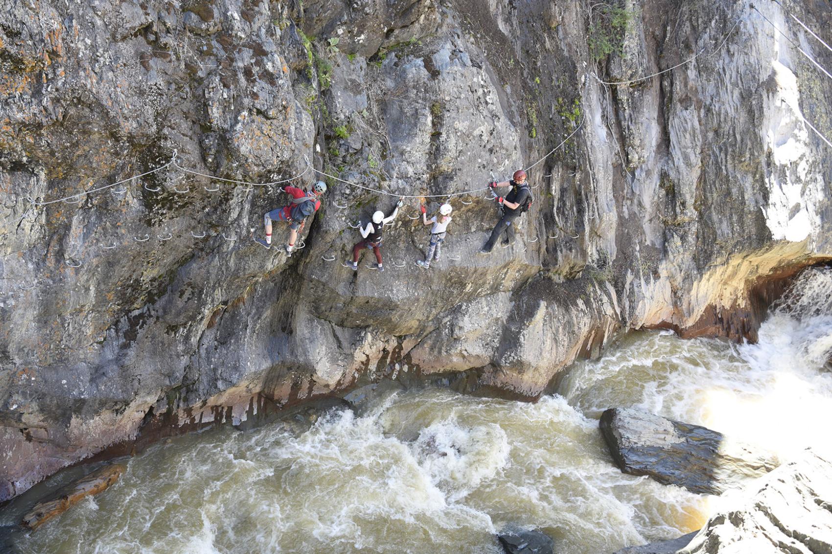 This image shows a portion of the 'Downstream' route of the Ouray Via Ferrata system. Photo Courtesy of Friends of Ouray Via Ferrata.