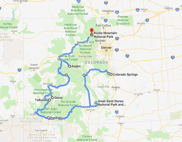 MapOver the course of this road trip, you’ll travel nearly 1,000 miles across the beautiful state of Colorado. Estimated travel time on the road ranges anywhere from 20 to 25 hours. Here’s a look at the full road trip, which is basically a loop with an extra two hours of driving through Denver and then to Colorado Springs. Media Credit: © 2021 Google Maps (Screenshot)