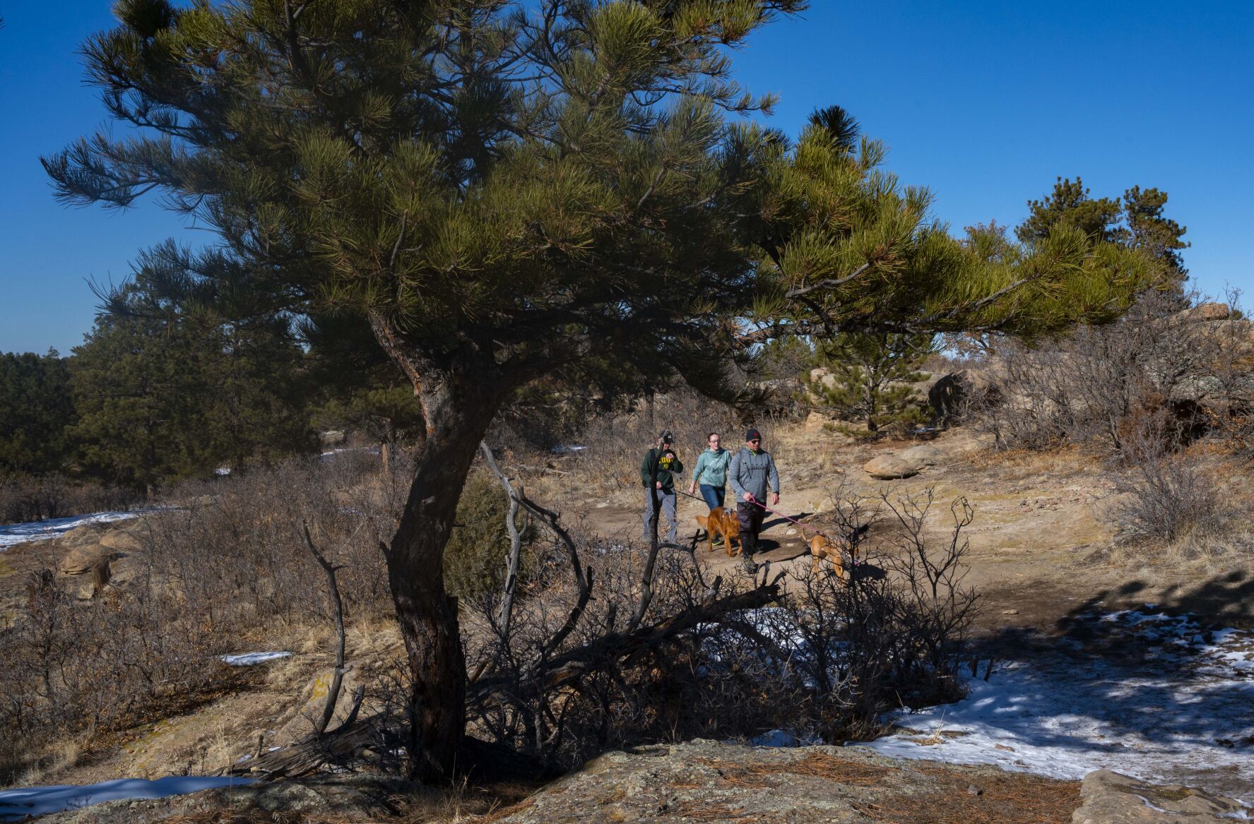 Mark Bickford of Castle Rock, right, Jennica Ripoli and her husband, Craig Ripoli, of Colorado Springs hike the Lake Gulch Trail in Castlewood Canyon State Park on Jan. 1, 2021, near Castle Rock. (Christian Murdock, The Gazette file)