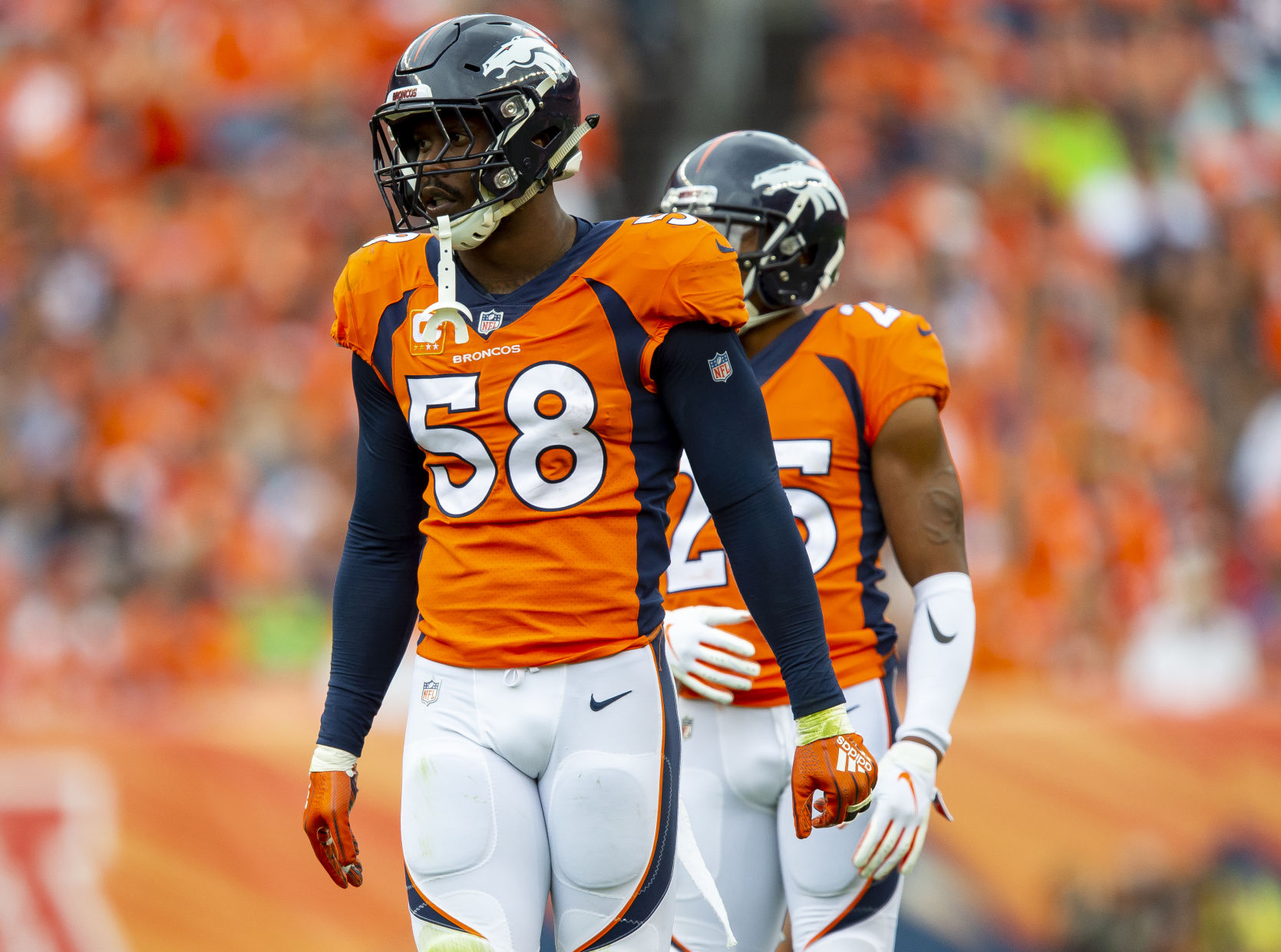 Denver Broncos linebacker Von Miller (58) during a 2018 game in Denver. (The Gazette file)