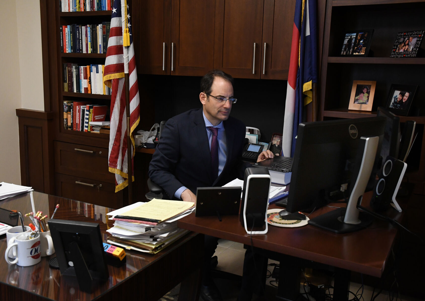 Colorado Attorney General Phil Weiser inside his office at the Ralph L. Carr Colorado Judicial Center in Denver. (Kathryn Scott, special to Colorado Politics)