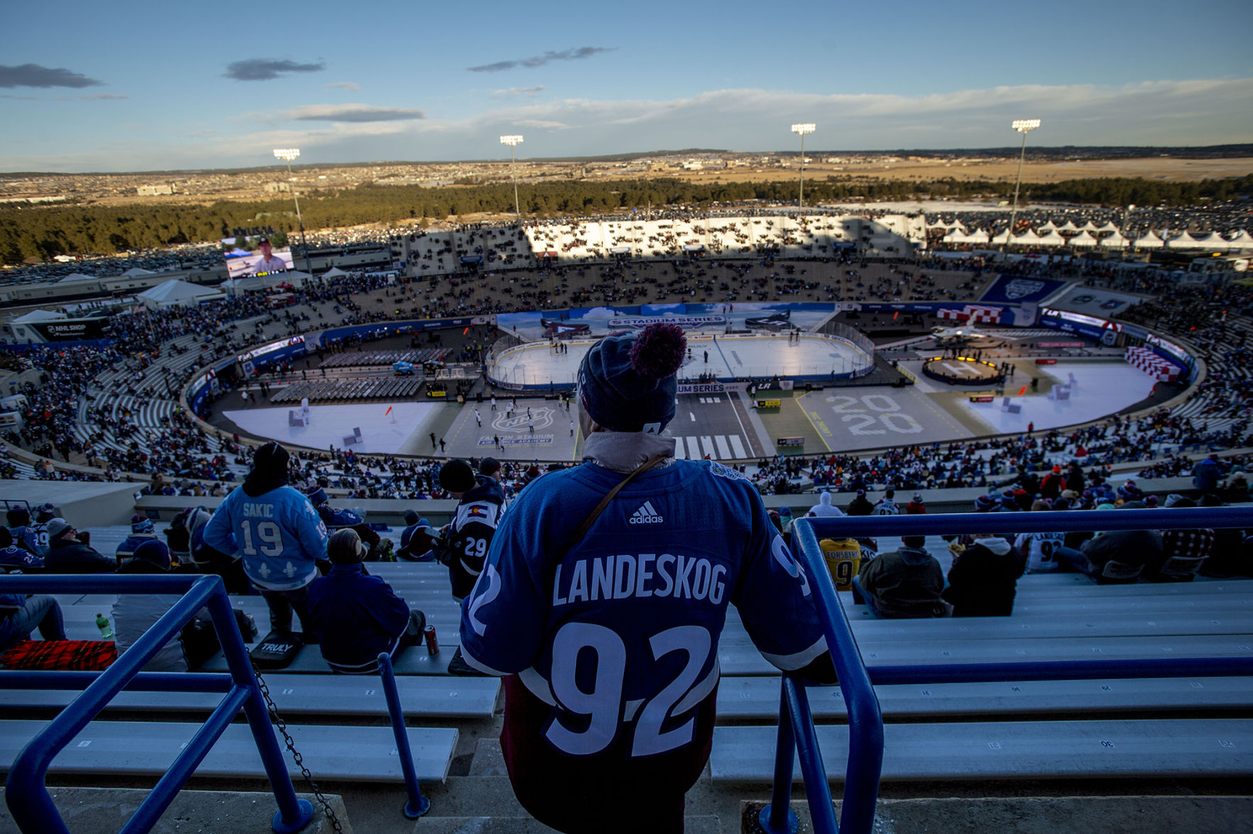 Fans take their seats before the start of the 2020 NHL Stadium Series Colorado Avalanche hockey game against the Los Angeles Kings at the U.S. Air Force Academy Falcon Stadium in Colorado Springs, Colo., on Saturday, Feb. 15, 2020. The Avalanche lost to the Kings by a score of 3-1. (Chancey Bush/ The Gazette) (Chancey Bush The Gazette)