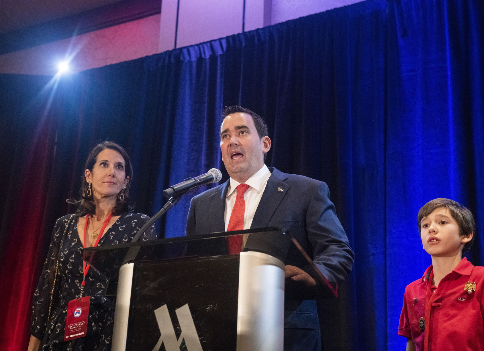 Republican gubernatorial candidate Walker Stapleton concedes defeat at the Colorado GOP’s election-night watch party on Nov. 6, flanked by his wife, Jenna, and son, Craig, at the Denver Marriott South at Park Meadows in Lone Tree. (Andy Colwell for Colorado Politics)