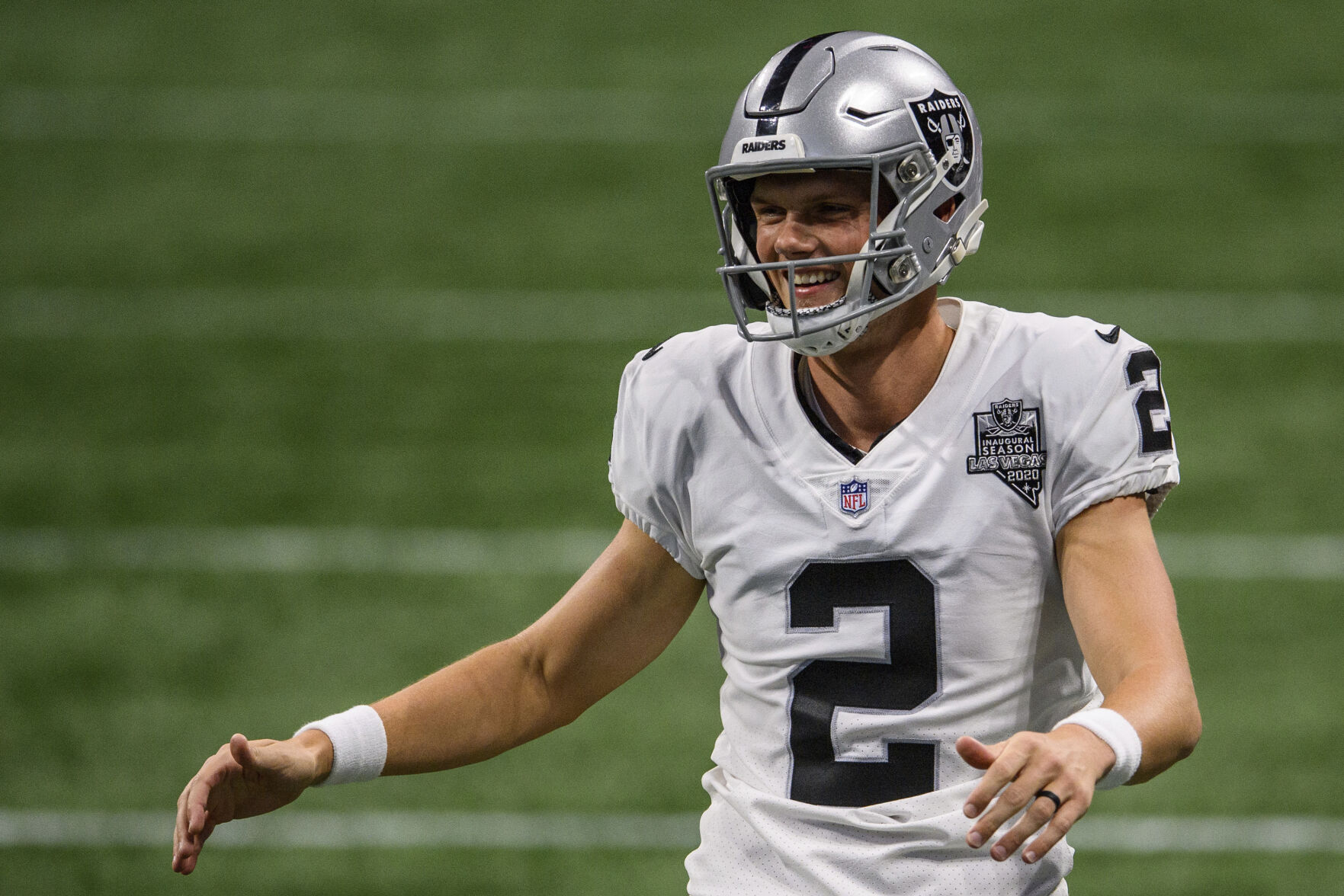 Las Vegas kicker Daniel Carlson, a Colorado Springs native, reacts during a Nov. 29 game against the Falcons in Atlanta. Carlson set a Raiders team record Sunday against the Broncos in Denver. (The Associated Press)