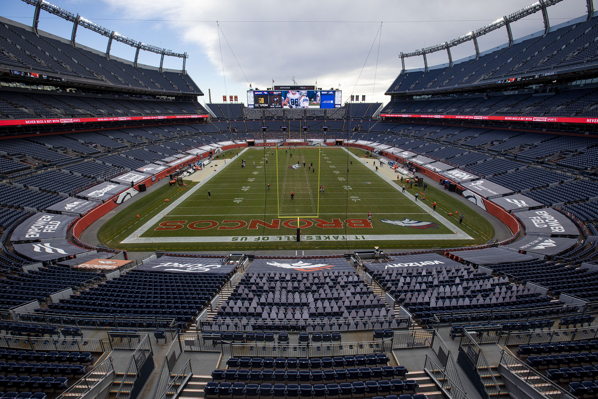 Empty seats before the start of the Denver Broncos football game against the Las Vegas Raiders at Empower Field at Mile High in Denver, Colo., on Sunday, Jan. 3, 2021. (Chancey Bush/ The Gazette) (Chancey Bush/ The Gazette)