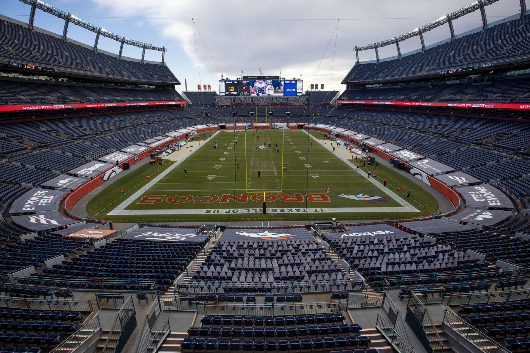 Empty seats before the start of the Denver Broncos football game against the Las Vegas Raiders at Empower Field at Mile High in Denver, Colo., on Sunday, Jan. 3, 2021. (Chancey Bush/ The Gazette) (Chancey Bush/ The Gazette)