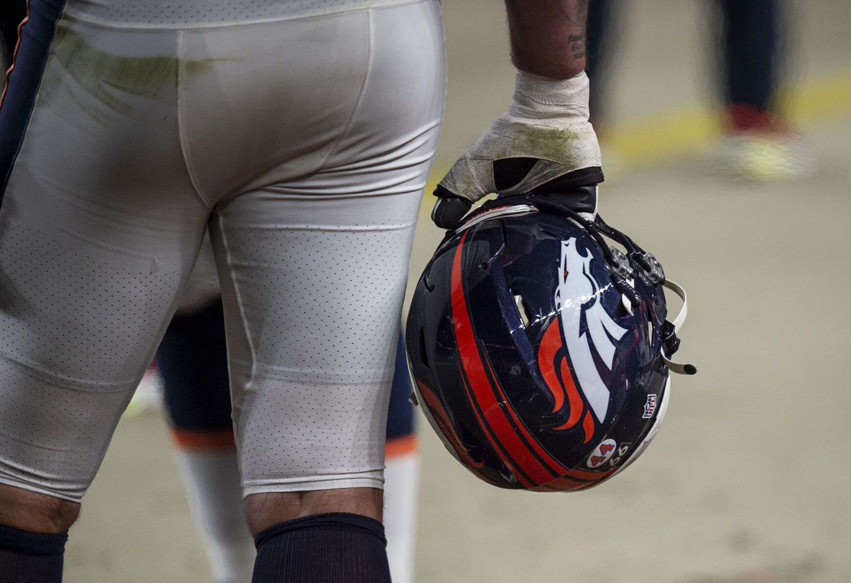 Denver Broncos wear the number “44” on the back of their helmets in honor of former Broncos running back and Hall of Famer Floyd Little who died at the age of 78. The Denver Broncos take on the Las Vegas Raiders at Empower Field at Mile High in Denver, Colo., on Sunday, Jan. 3, 2021.The Broncos lost their season finale game to the Raiders by a score of 32-31.(Chancey Bush/ The Gazette) (Chancey Bush/ The Gazette)