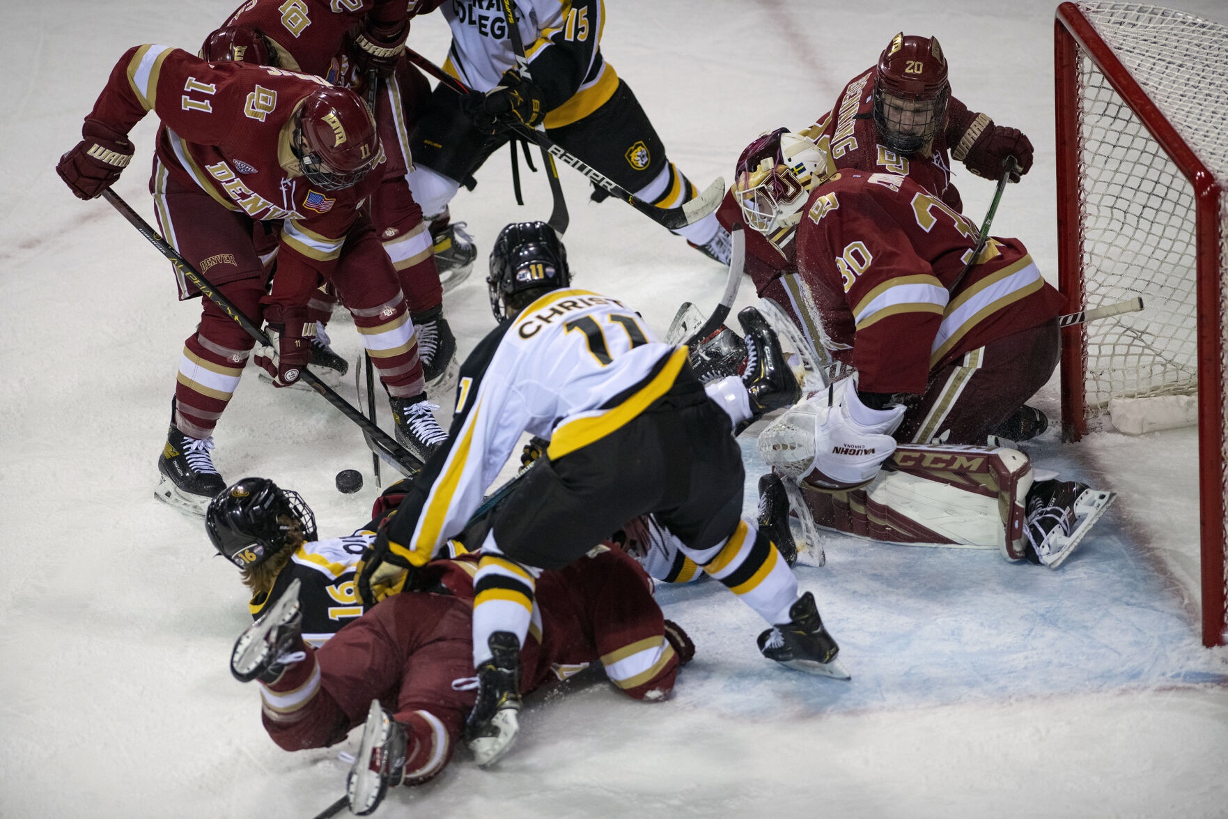 The Colorado College and DU college hockey Battle for the Gold Pan at The Broadmoor World Arena in Colorado Springs on Thursday, Feb. 25, 2021. Denver won the game against the CC Tigers by a score of 5 to 1. (Chancey Bush/ The Gazette) (Chancey Bush/ The Gazette)