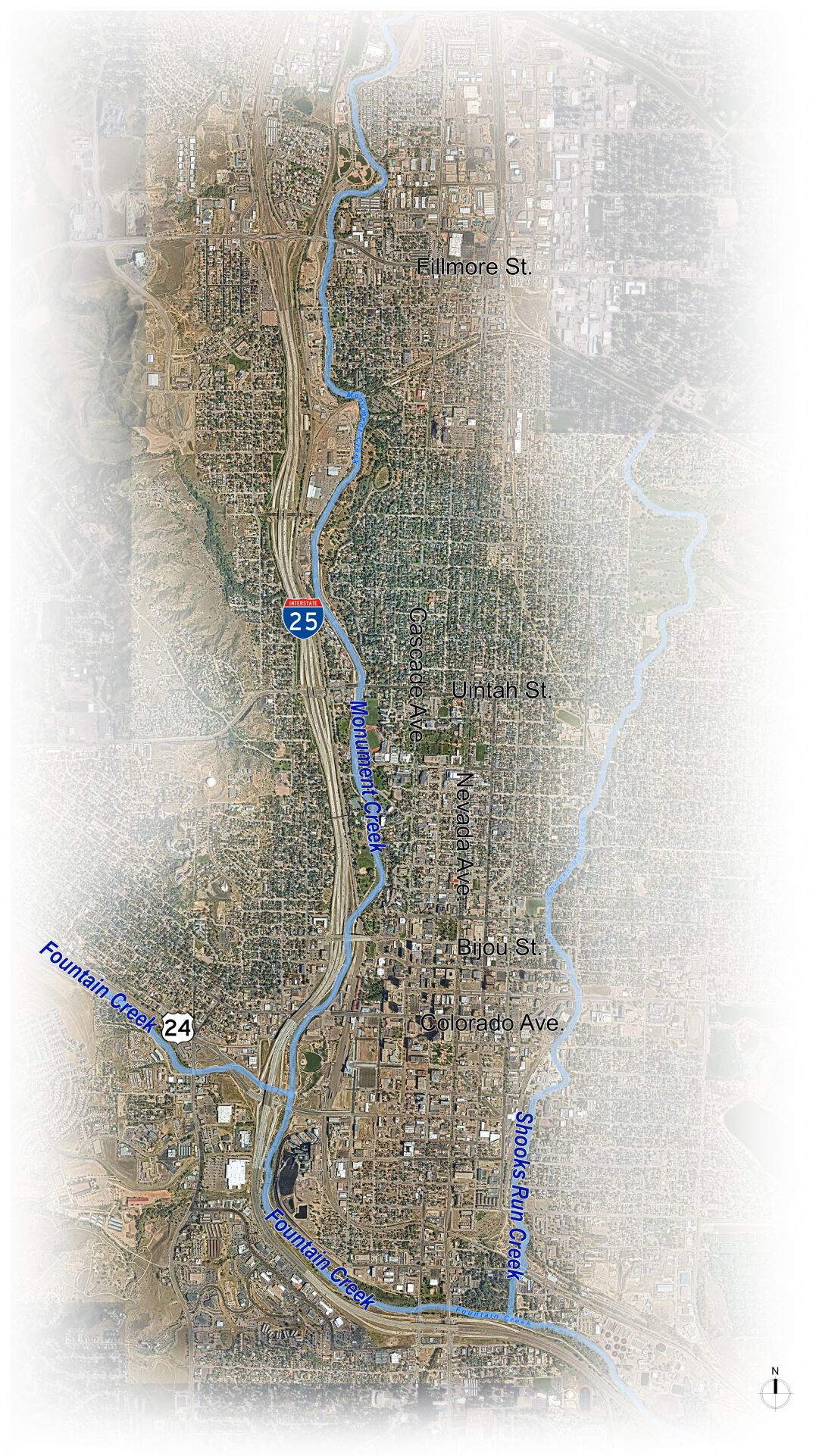 The planning effort will focus on the stretches of Monument and Fountain creeks depicted. (Courtesy of NES)