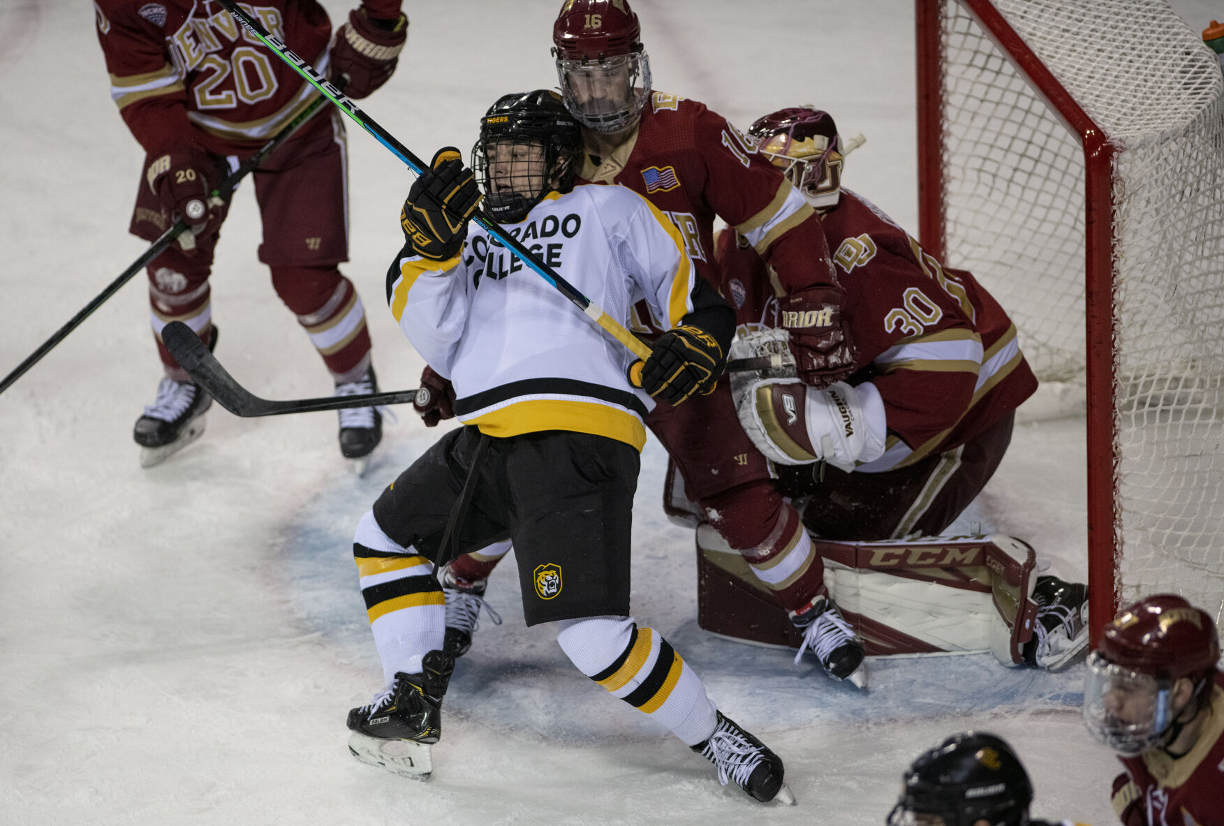 The Colorado College and DU college hockey Battle for the Gold Pan at The Broadmoor World Arena in Colorado Springs on Thursday, Feb. 25, 2021. Denver won the game against the CC Tigers by a score of 5 to 1. (Chancey Bush/ The Gazette) (Chancey Bush/ The Gazette)