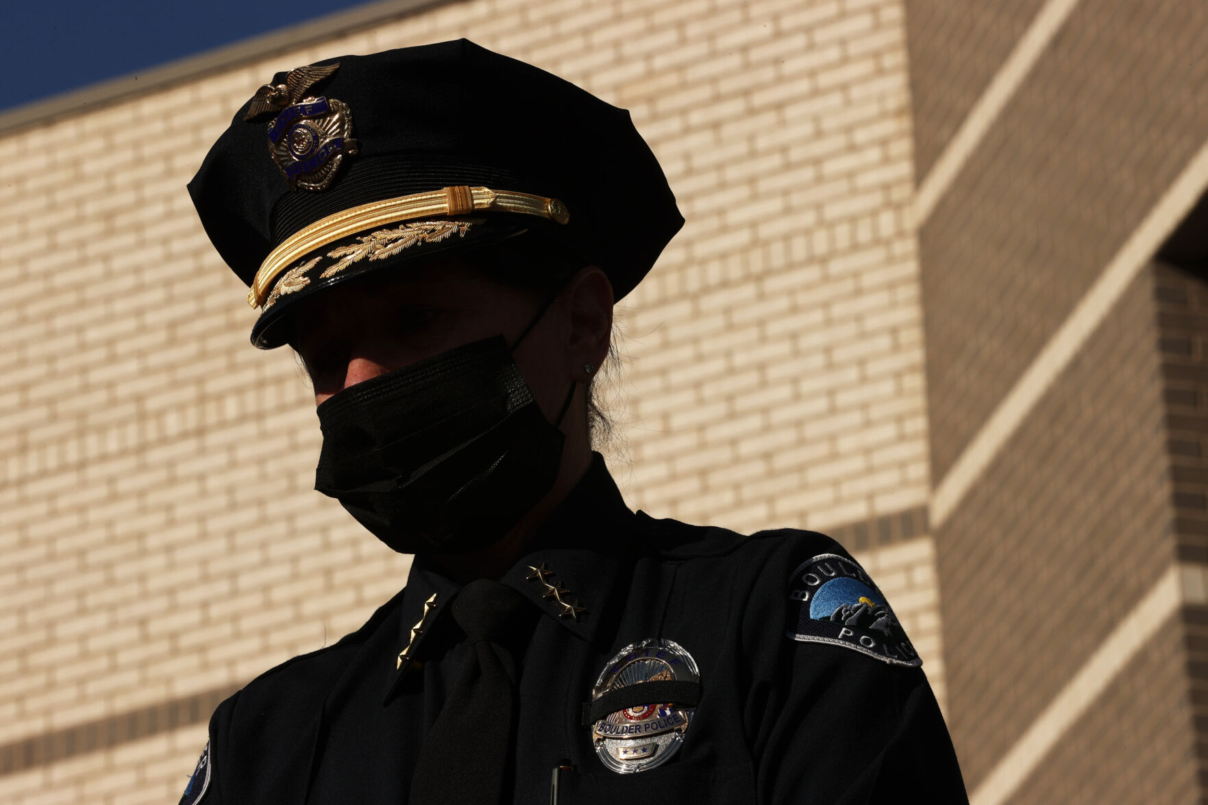 Boulder Police Chief Maris Herold waits to speak outside the police department headquarters in Boulder on March 23, 2021. A gunman killed 10 people in a mass shooting at the store the day before. (Forrest Czarnecki/The Gazette) (Forrest Czarnecki)