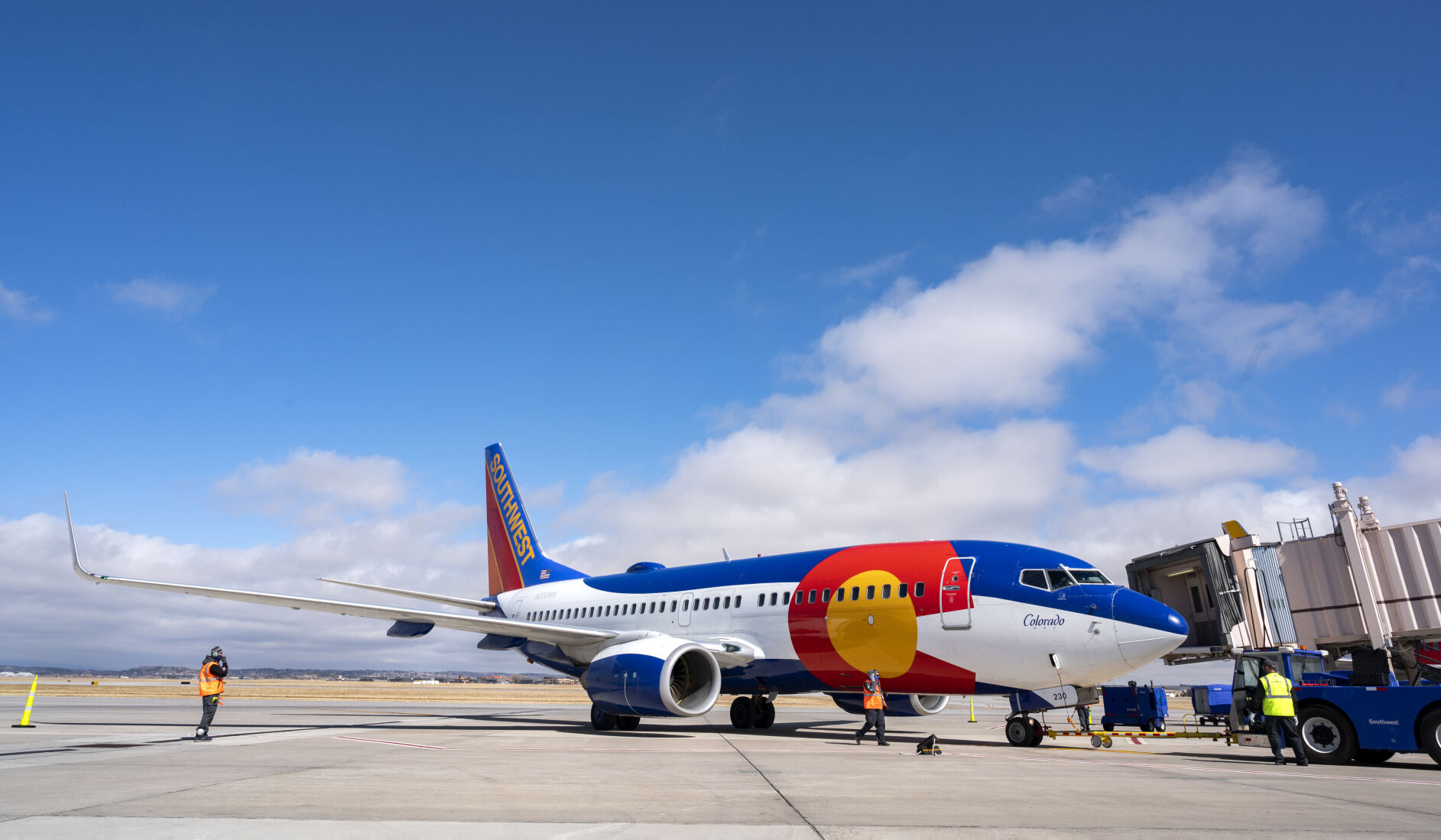 Southwest Airlines’ inaugural flight from Colorado Springs to Denver is pushed away from Gate 9 at the Colorado Springs Airport Thursday, March 11, 2021. Southwest began non-stop service to Denver, Dallas, Chicago, Las Vegas, Phoenix and Los Angles. (The Gazette, Christian Murdock) (Christian Murdock/The Gazette)