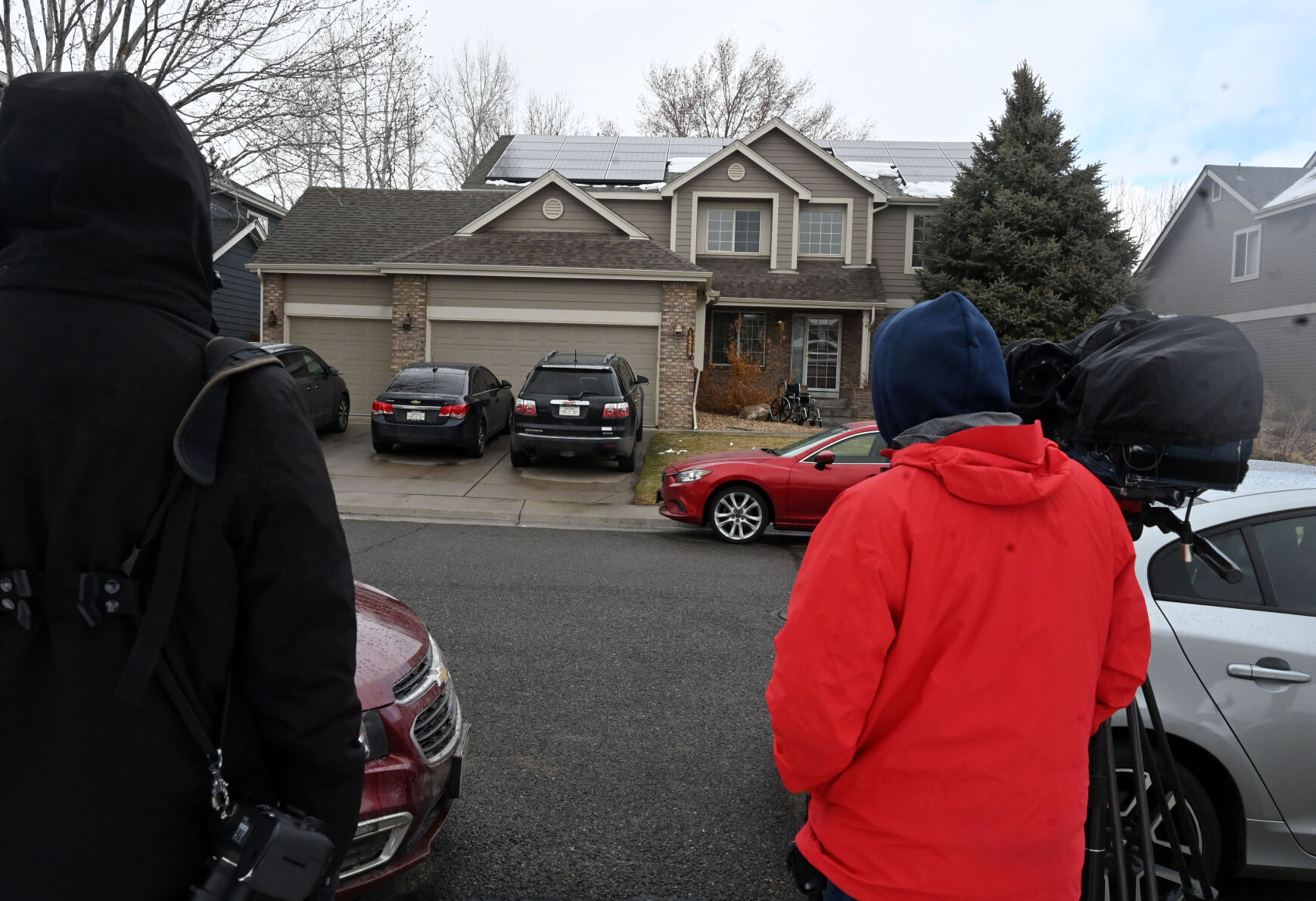 In Arvada, news crews hang out across the street from the home of the alleged shooter at the Boulder King Soopers on Tuesday, March 23, 2021. (Photo by Jerilee Bennett, The Gazette) (JERILEE BENNETT)